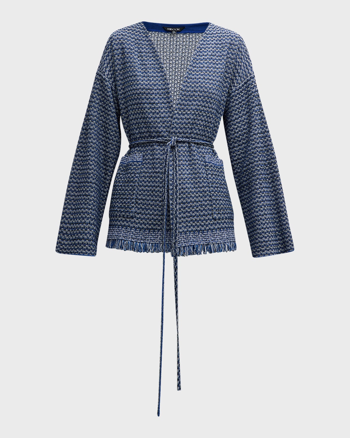 Misook Tie-waist Fringe-trim Intarsia Knit Tweed Jacket In Oceanic/white/bla