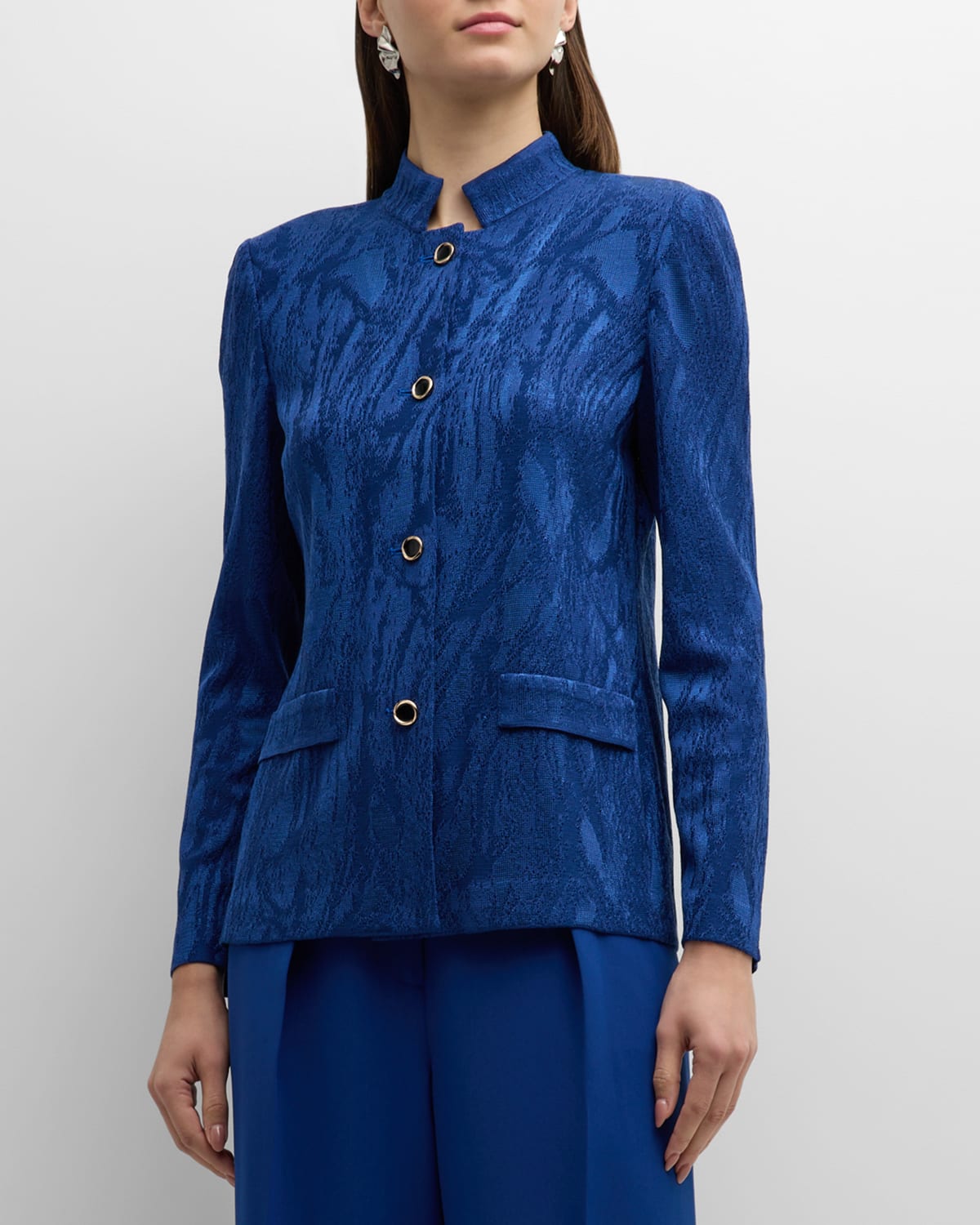 Shop Misook Tailored Button-down Jacquard Knit Jacket In Oceanic