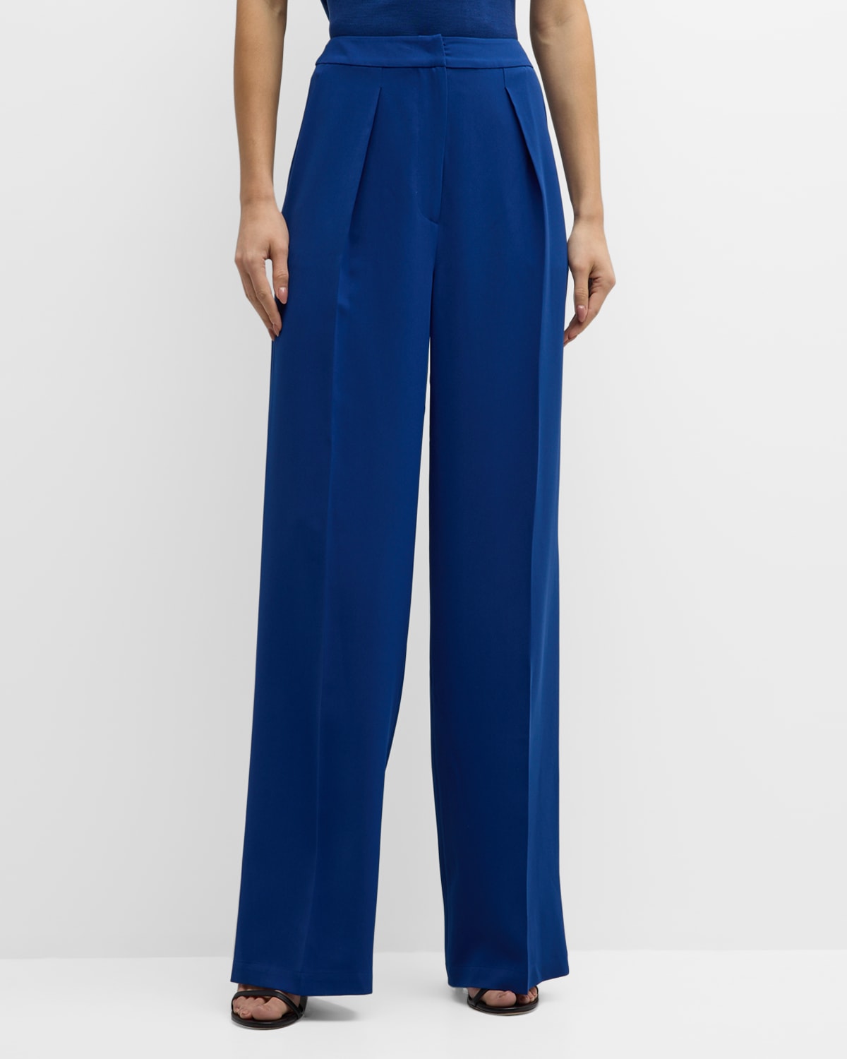 Shop Misook Pleated High-rise Wide-leg Twill Chiffon Pants In Oceanic