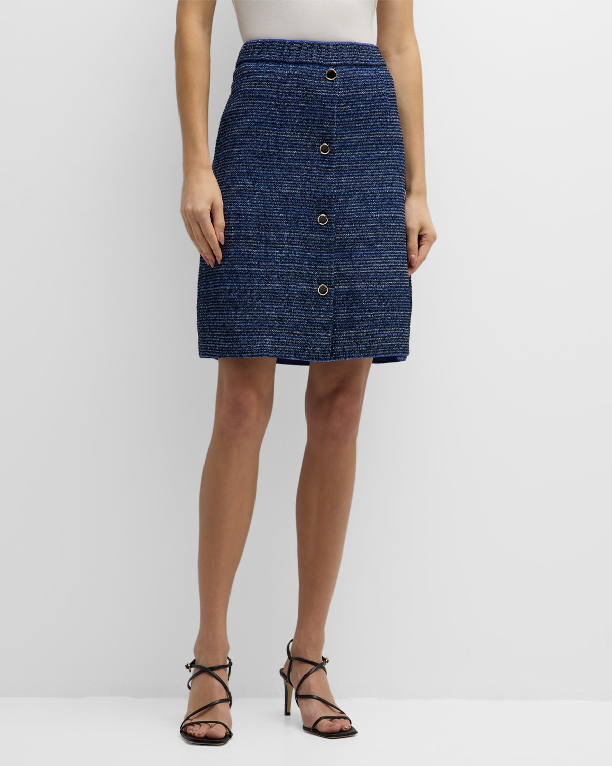 Misook Button-front Shimmer Tweed Knit Mini Skirt In Oceanic/black
