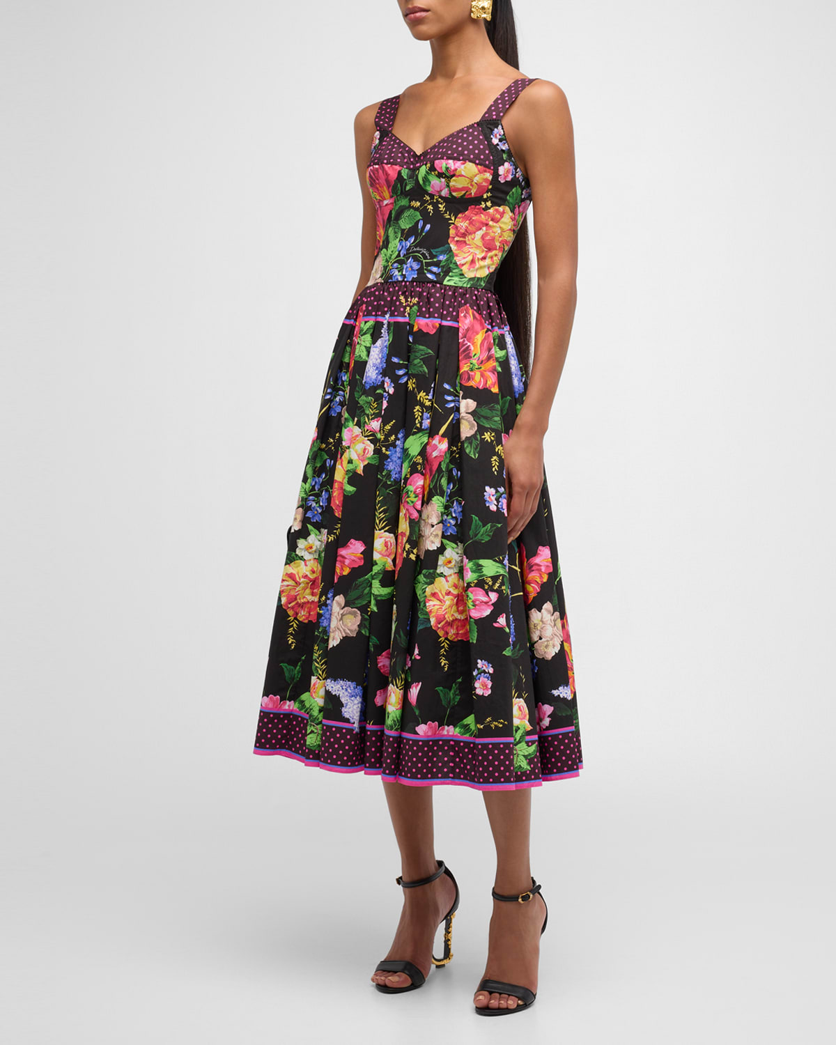Dolce & Gabbana Floral-print Sleeveless Bustier Fit-&-flare Midi Dress In Blackprint