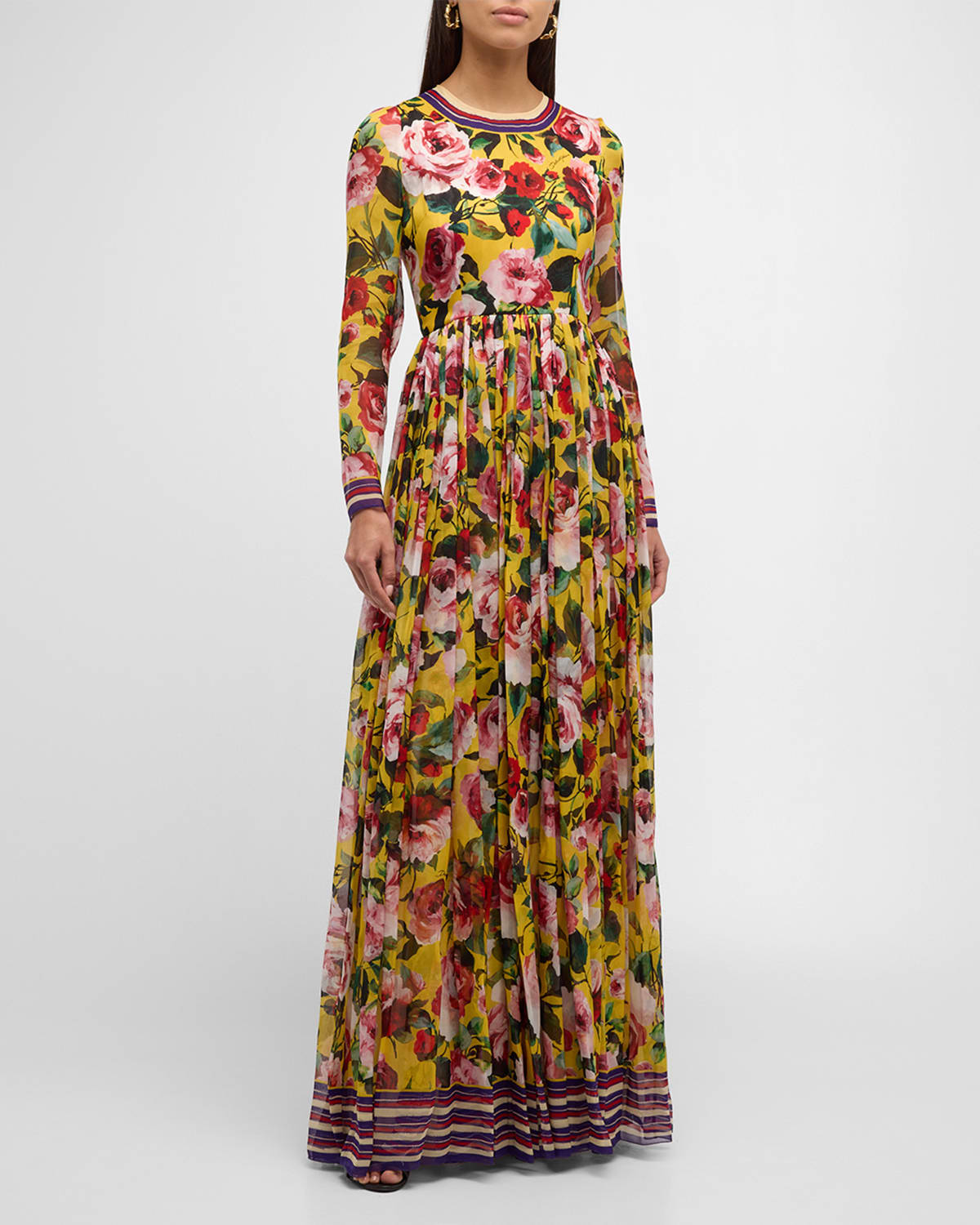 Floral Striped-Print Long-Sleeve Fit-&-Flare Gown