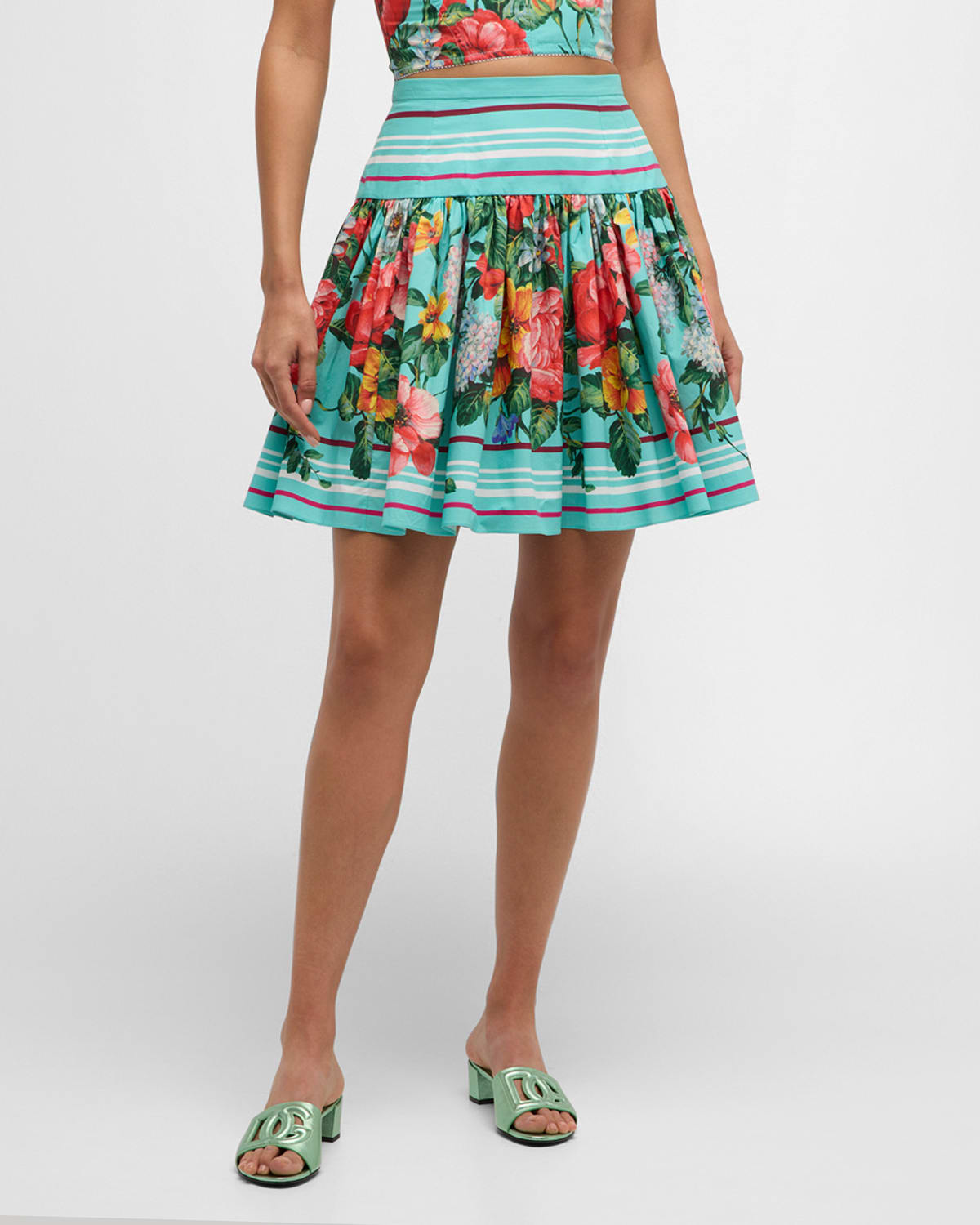 Dolce & Gabbana Floral Striped-print Mini Flare Skirt In Blueflower