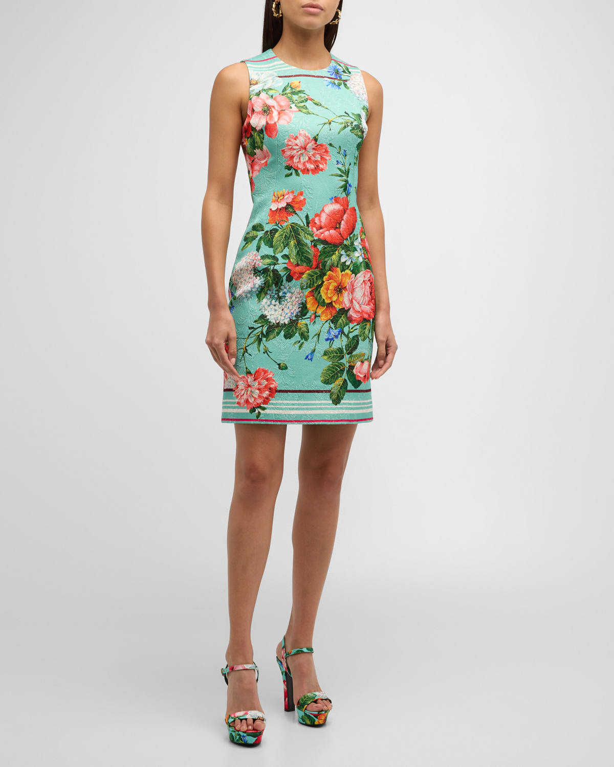 Dolce & Gabbana Floral-print Sleeveless Metallic Jacquard Mini Dress In Blieflower