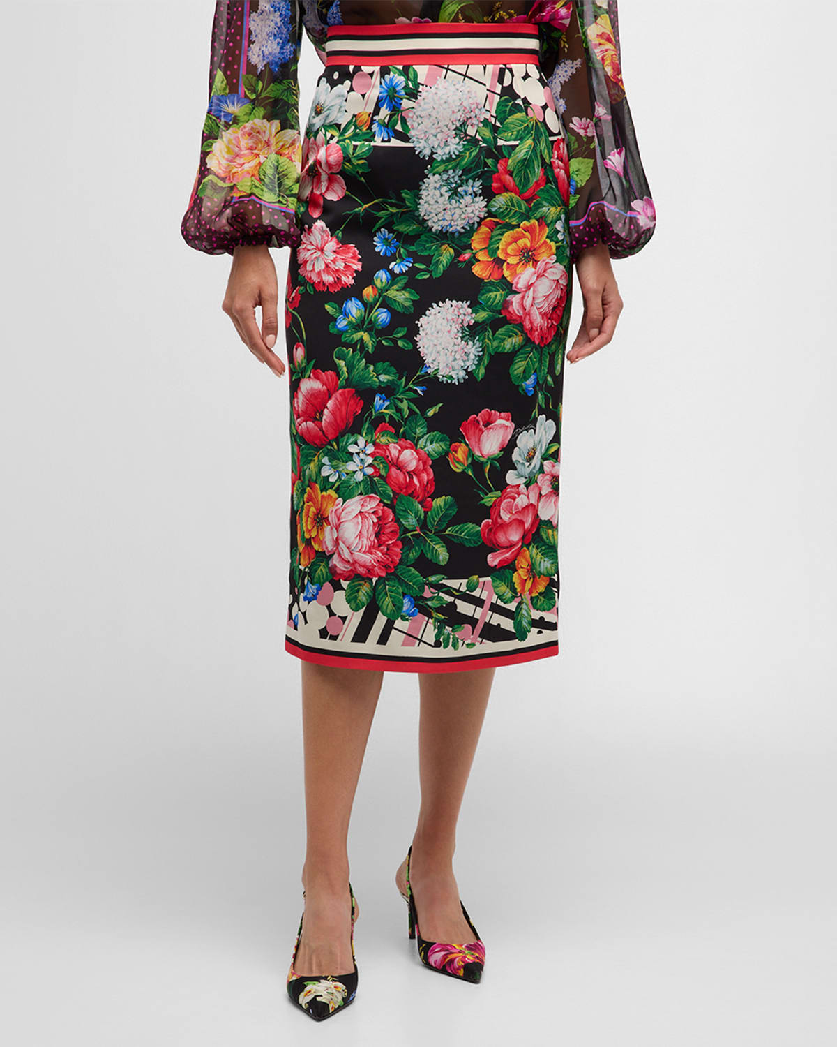 Dolce & Gabbana Floral Striped-print Midi Pencil Skirt In Blackflowe