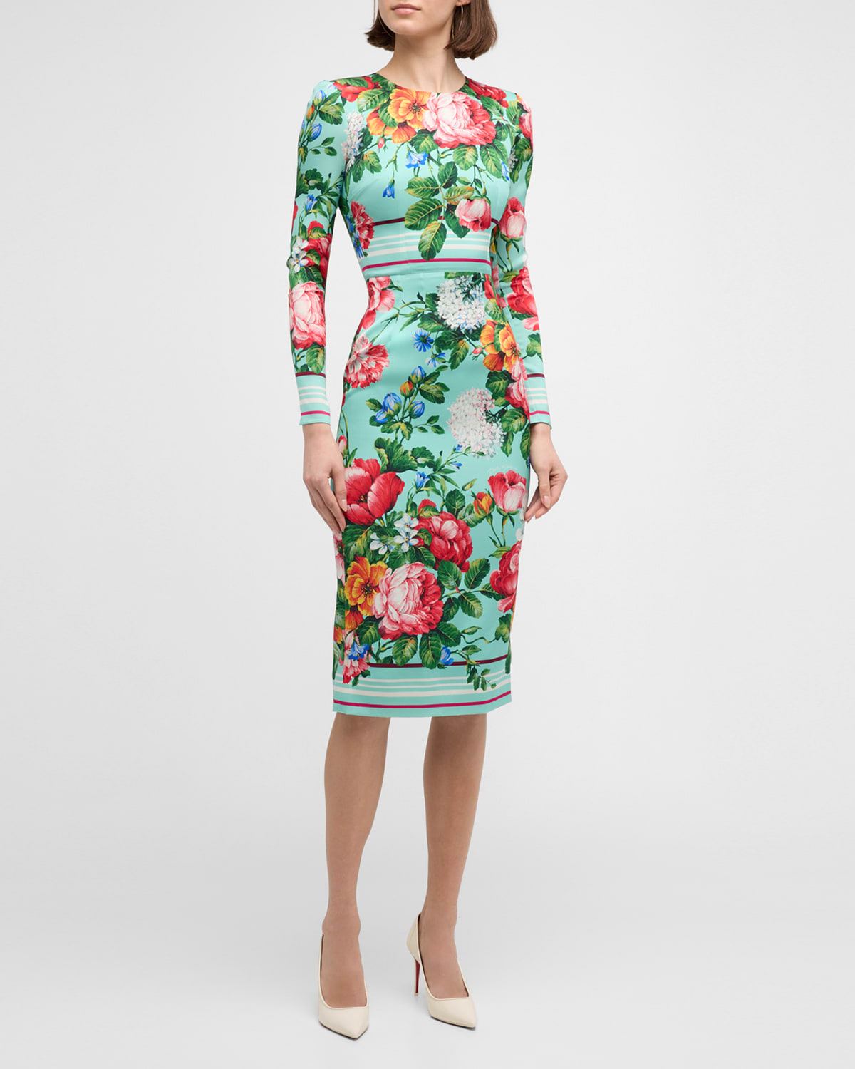 Dolce & Gabbana Floral Stripe-print Long-sleeve Midi Dress In Blueflower