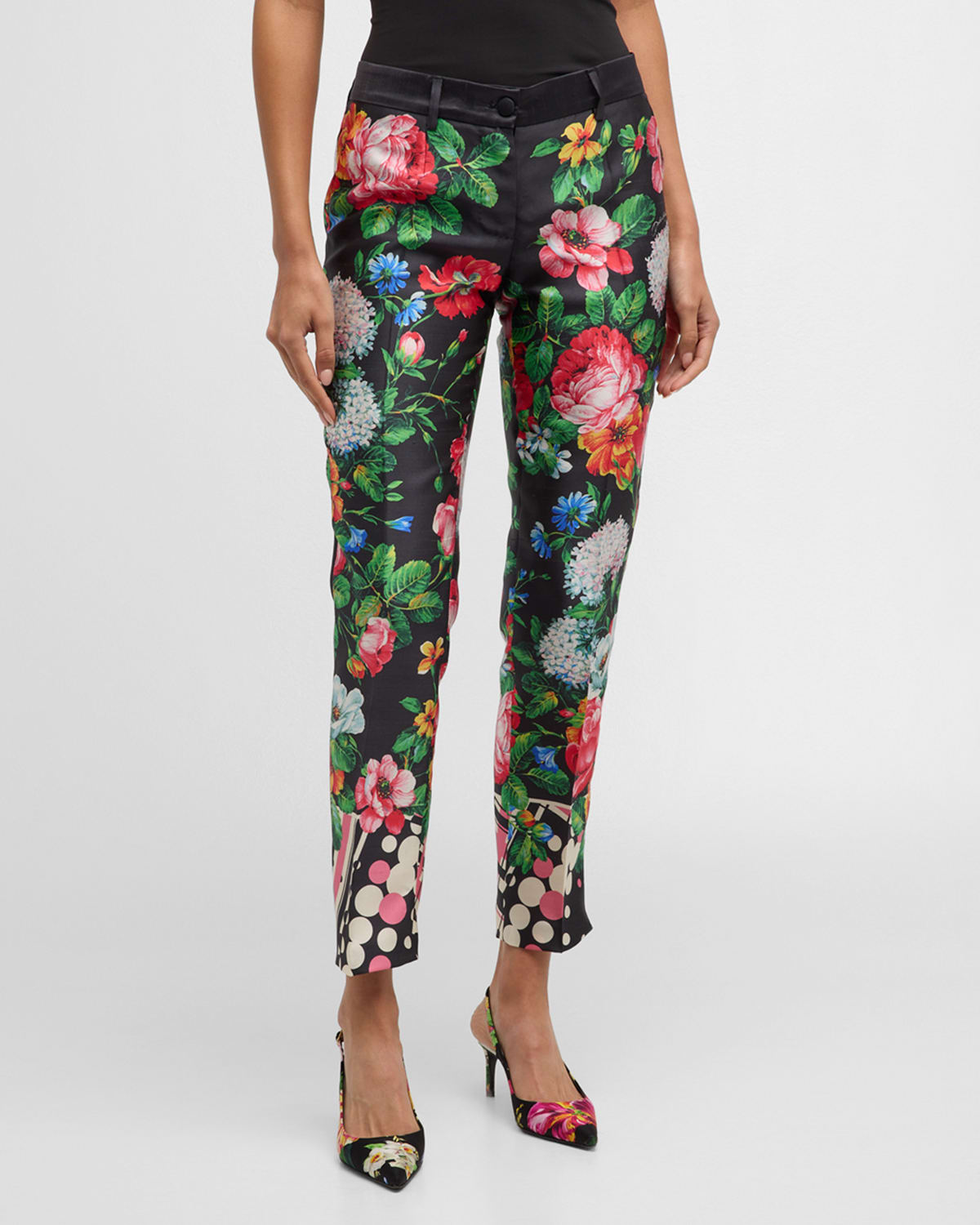 Dolce & Gabbana Mid-rise Floral-print Slim-leg Ankle Silk Pants In Blackflowe