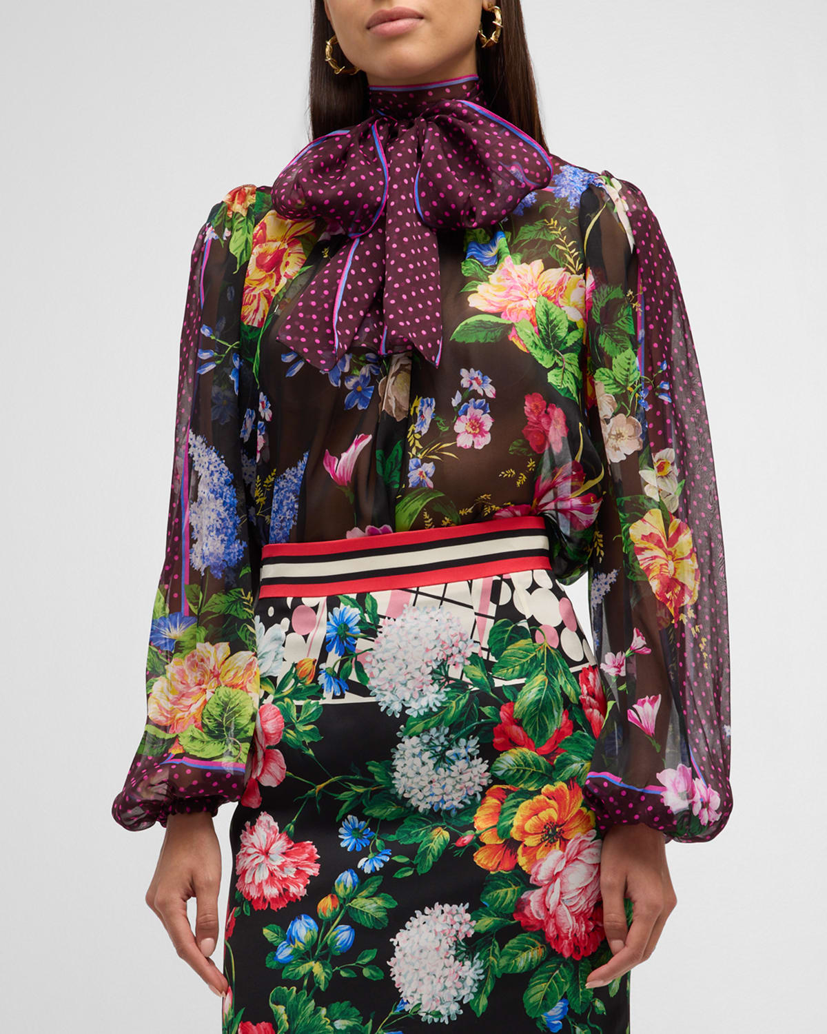 Dolce & Gabbana Floral Polka-dot Print Neck-scarf Chiffon Blouse In Blackprint