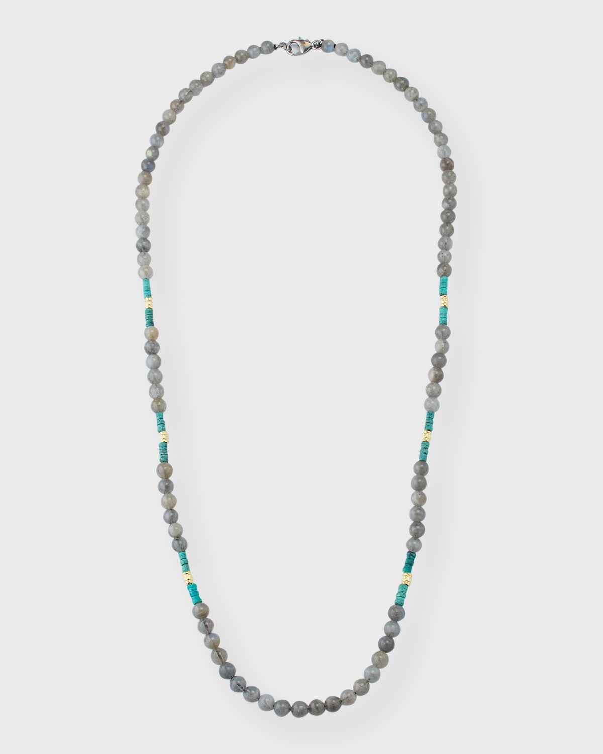 Men's 18K Gold and Artifact Teal Patina Labradorite Beaded Necklace