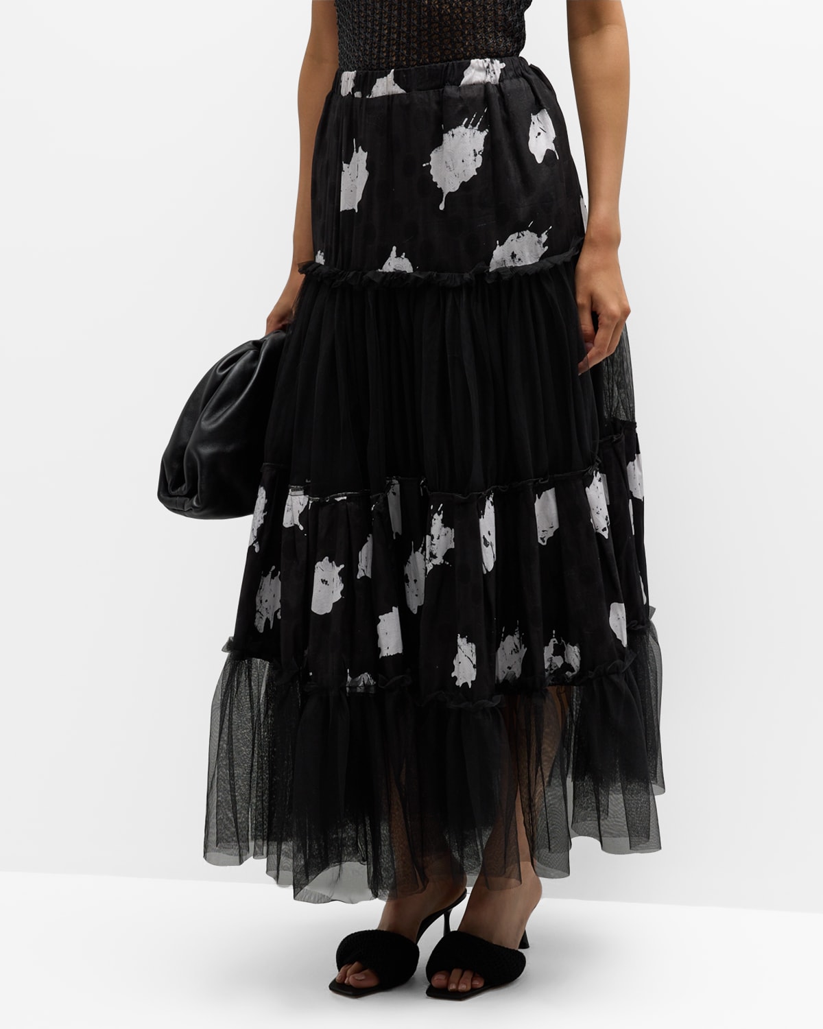 Busayo Ayope Splotched-print Tiered Tulle Maxi Skirt In Black White