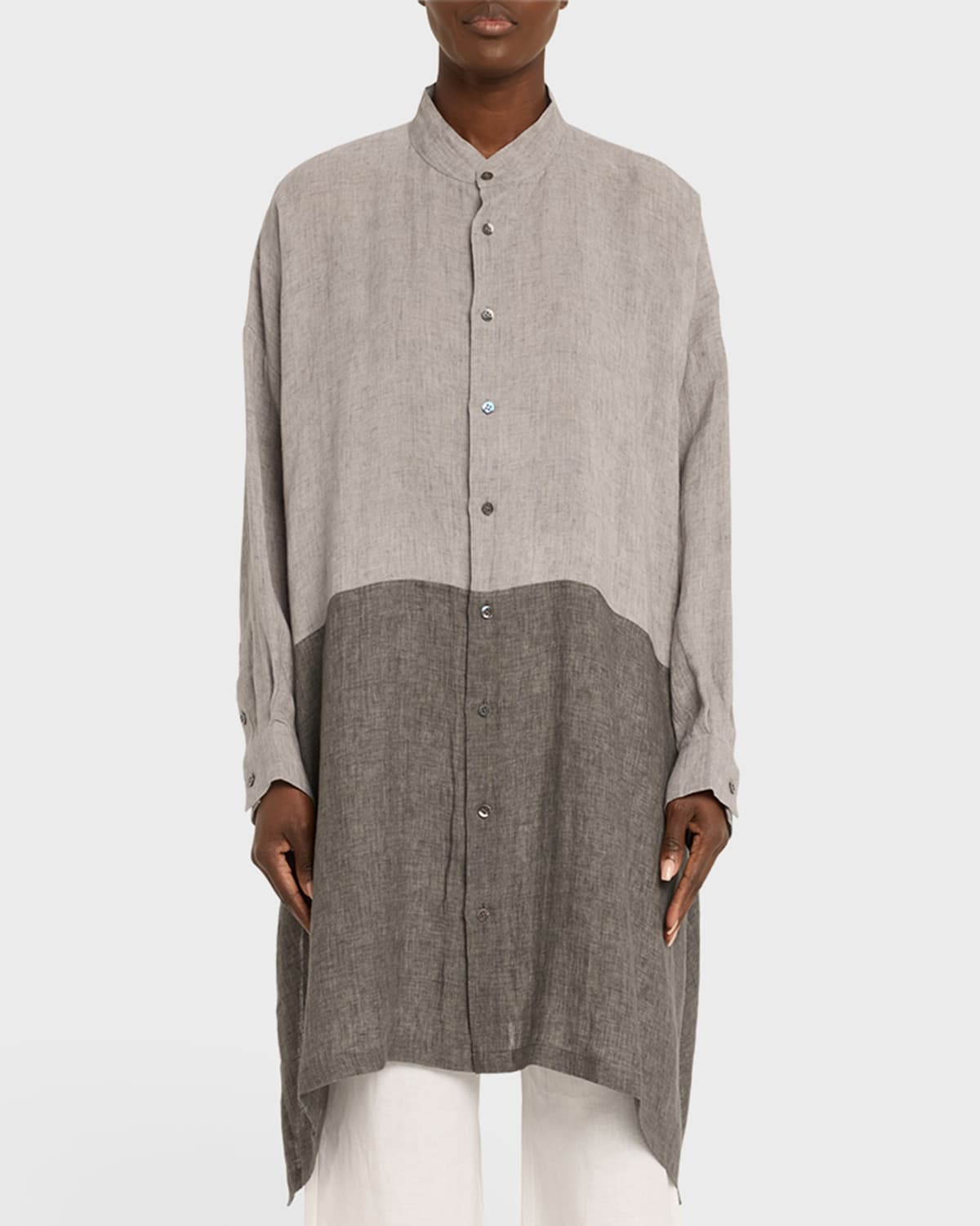 Shop Eskandar Bicolor Wide A-line Collarless Shirt With Side Slit (very Long Length) In Greymix
