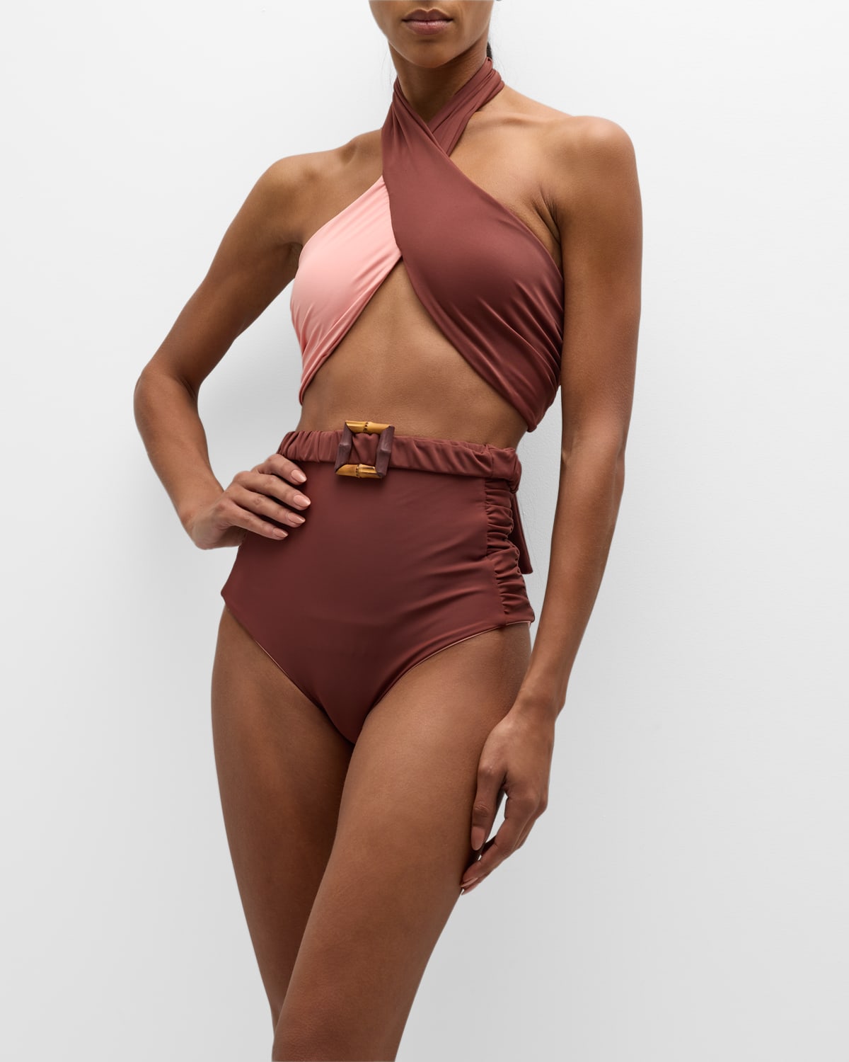 Shop Johanna Ortiz Ginger Spice Halter Bikini Top In Tobacco Pink