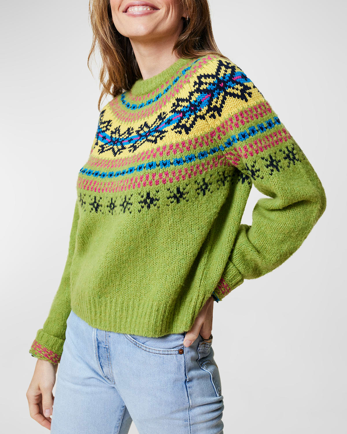 Nora Raglan-Sleeve Fair Isle Knit Sweater
