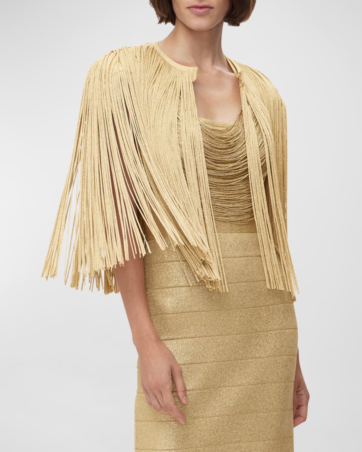 Herve Leger Icon Metallic Fringe Cape In Met Gold