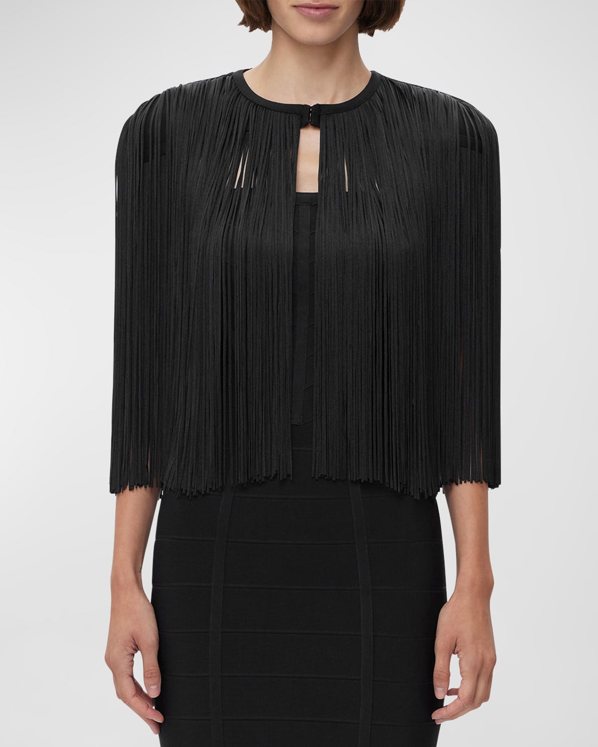 Shop Herve Leger Icon Fringe Cape In Black 001