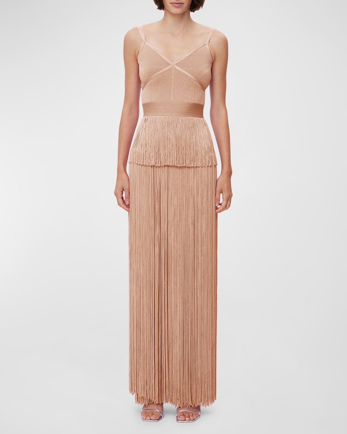 Herve Leger Strappy Ottoman Metallic Fringe Gown In Met Rose Gold