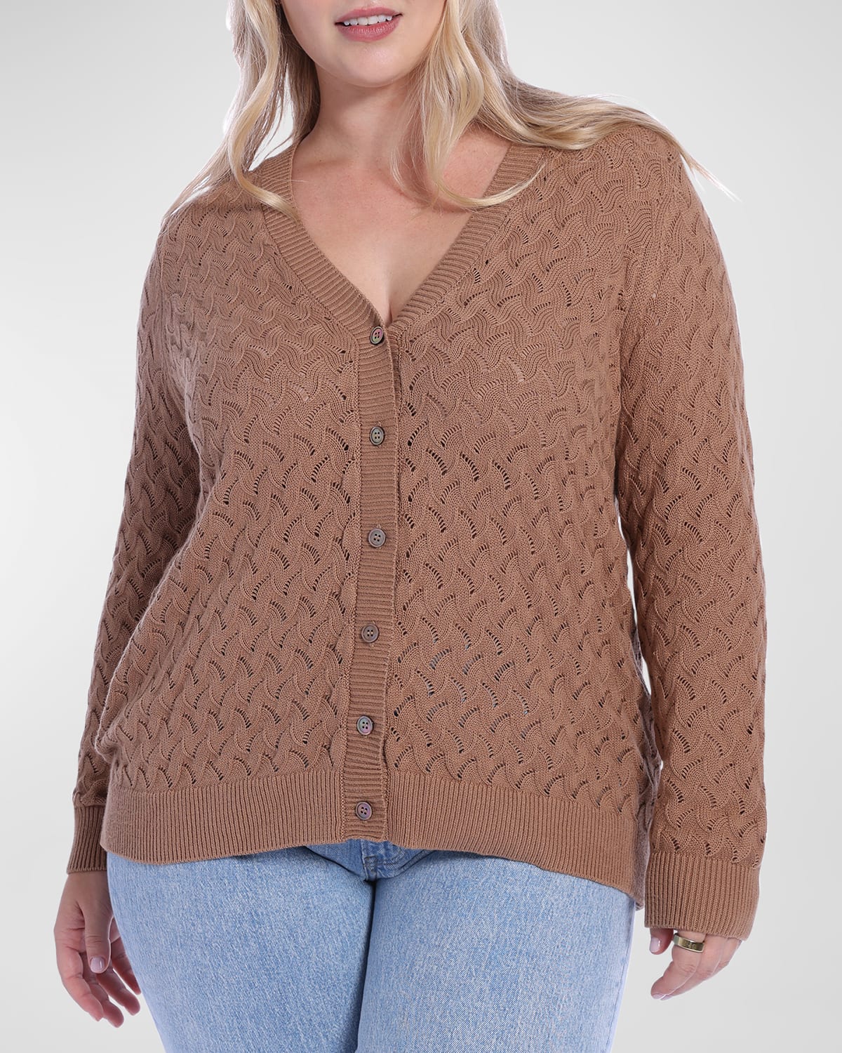 Minnie Rose Plus Size Pointelle Cotton-cashmere Cardigan In Brown