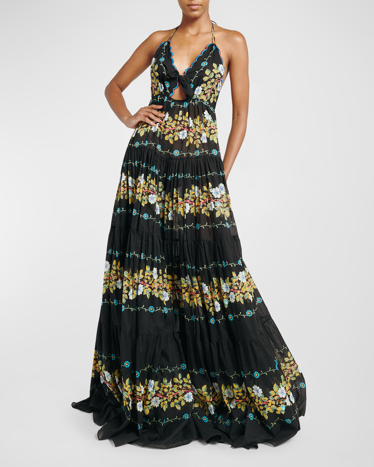 ETRO TIERED EMBROIDERED SANGALLO LACE HALTER GOWN