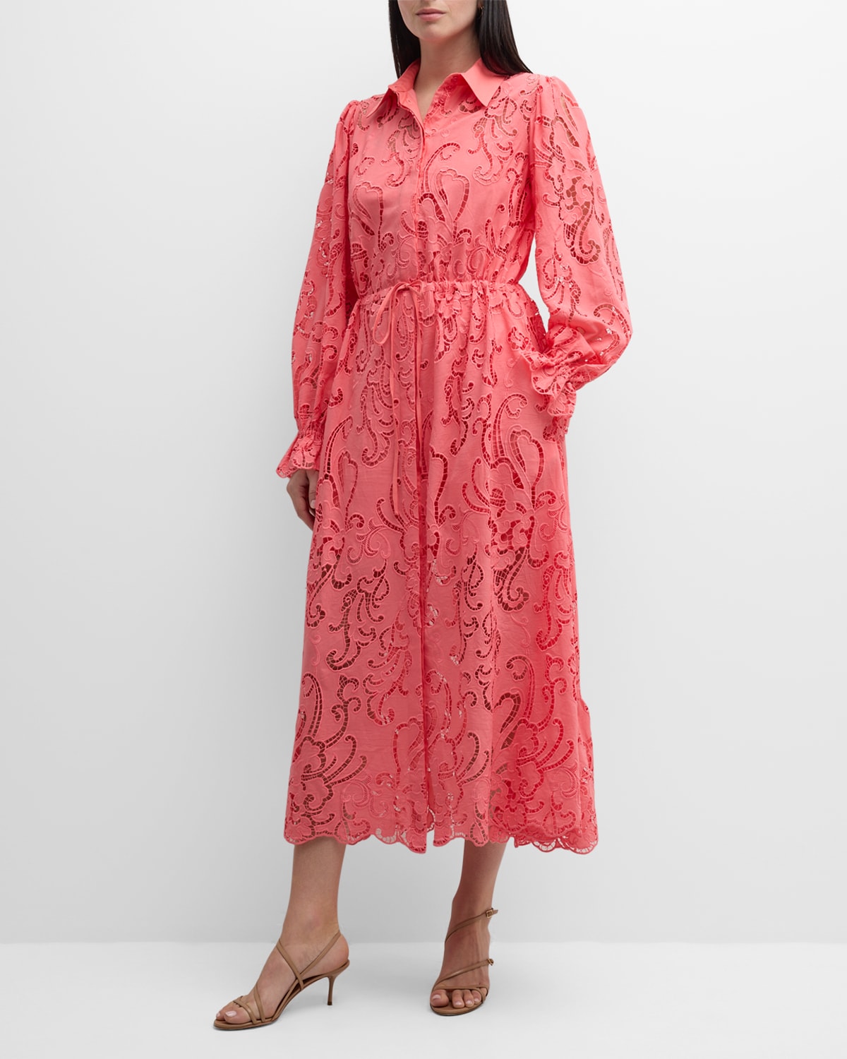 Evi Grintela Judy Embroidered Lace-inset Midi Shirtdress In Peach