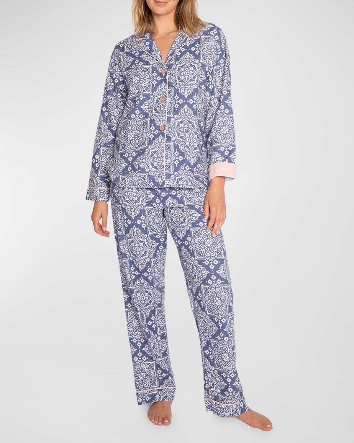 Pj Salvage Printed Cotton Flannel Pyjama Set In Denim
