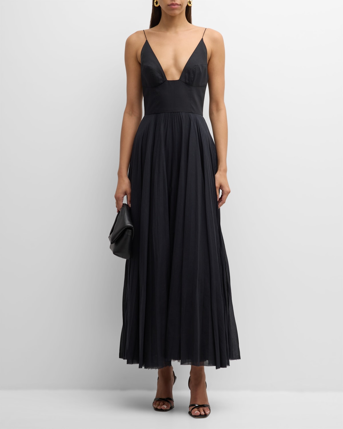 Shop Brandon Maxwell Bralette-style Maxi Dress With Pleated Skirt In Black