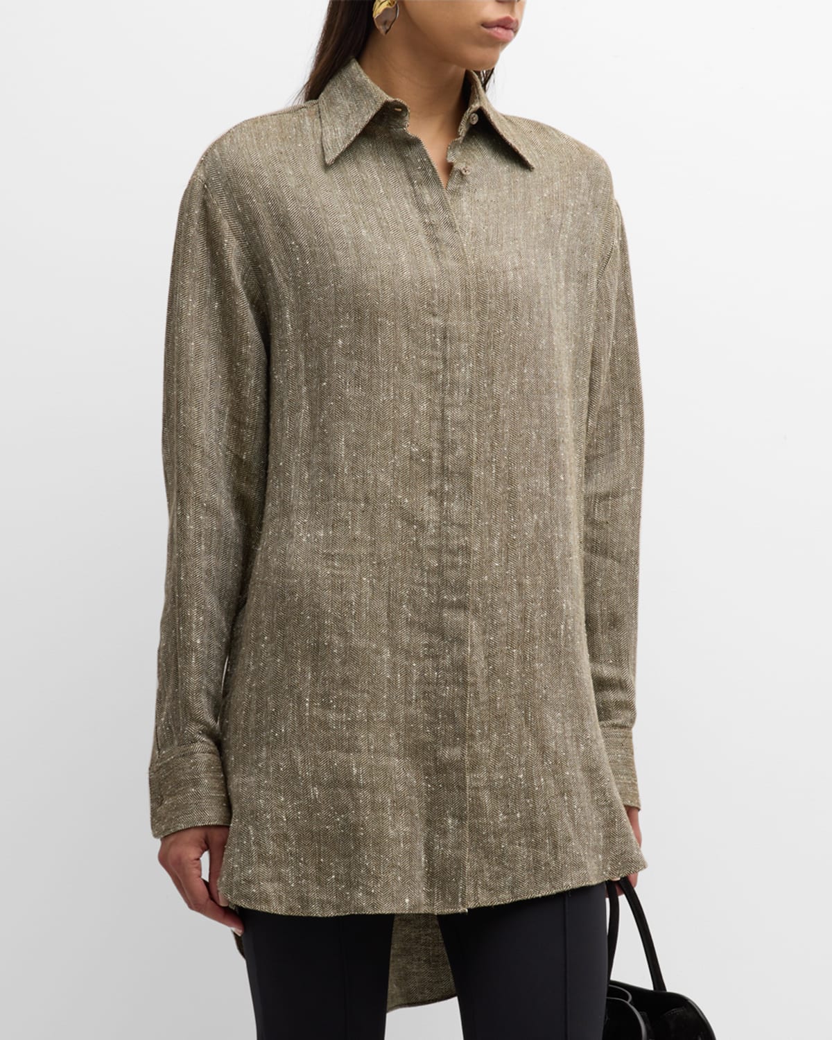 Linen-Silk Herringbone Oversized Button-Down Shirt