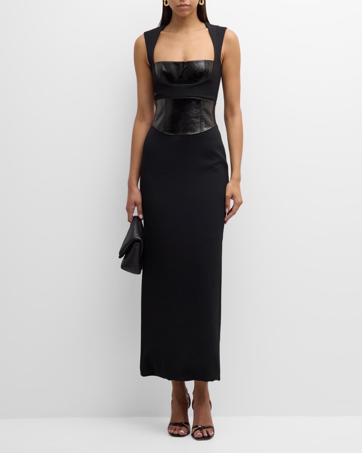 Shop Brandon Maxwell Leather Corset Crepe Sleeveless Maxi Dress In Black