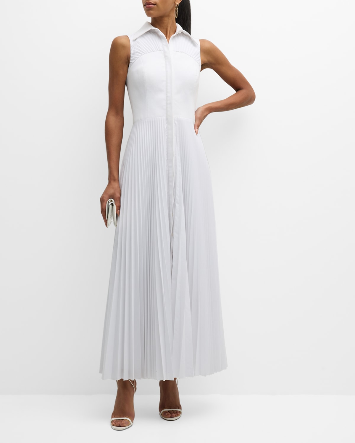Shop Brandon Maxwell Pleated Sleeveless Pique Bustier Maxi Day Shirtdress In White