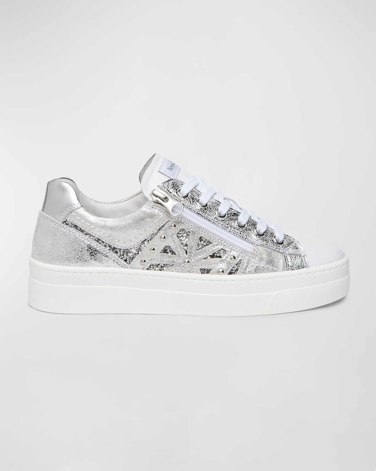 Nerogiardini Metallic Zip Cutout Glitter Sneakers In White