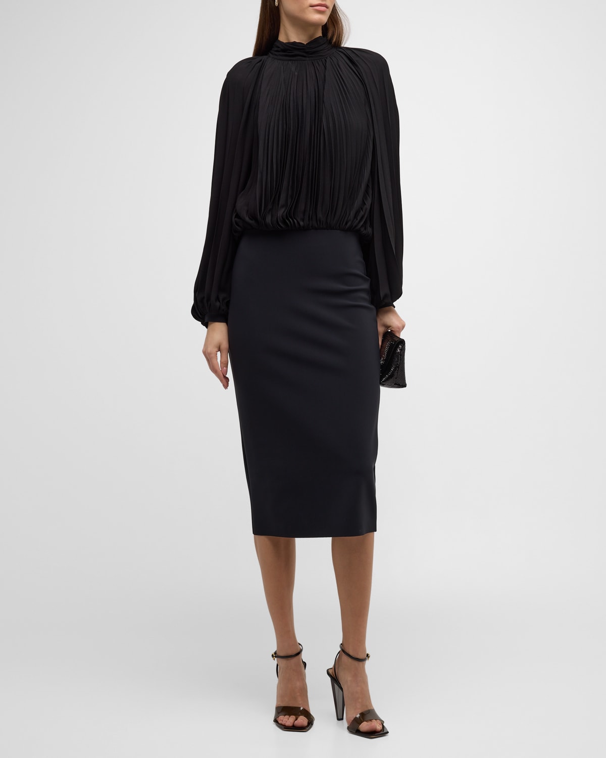 Chiara Boni La Petite Robe Pleated Mock-neck Blouson-sleeve Midi Dress In Black