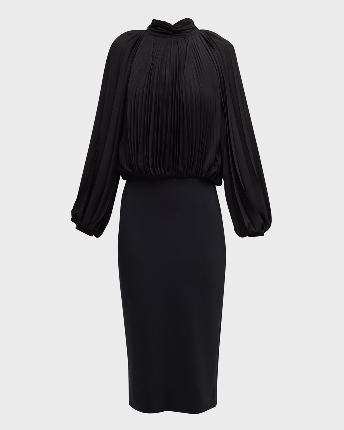 Chiara Boni La Petite Robe Pleated Mock-neck Blouson-sleeve Midi Dress In Black