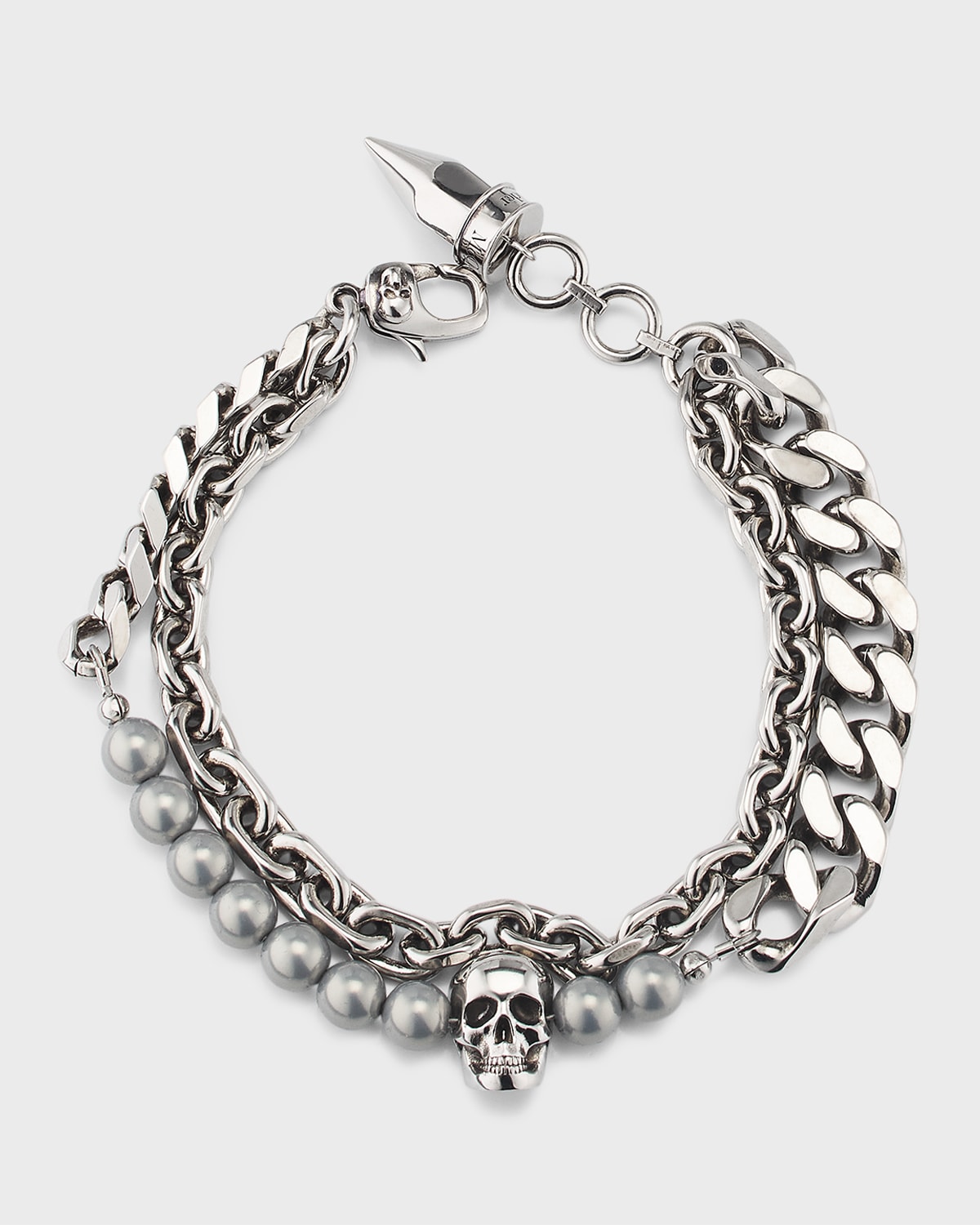 Shop Alexander Mcqueen Men's Skull And Faux Pearl Double-chain Bracelet In A.silver Pearl