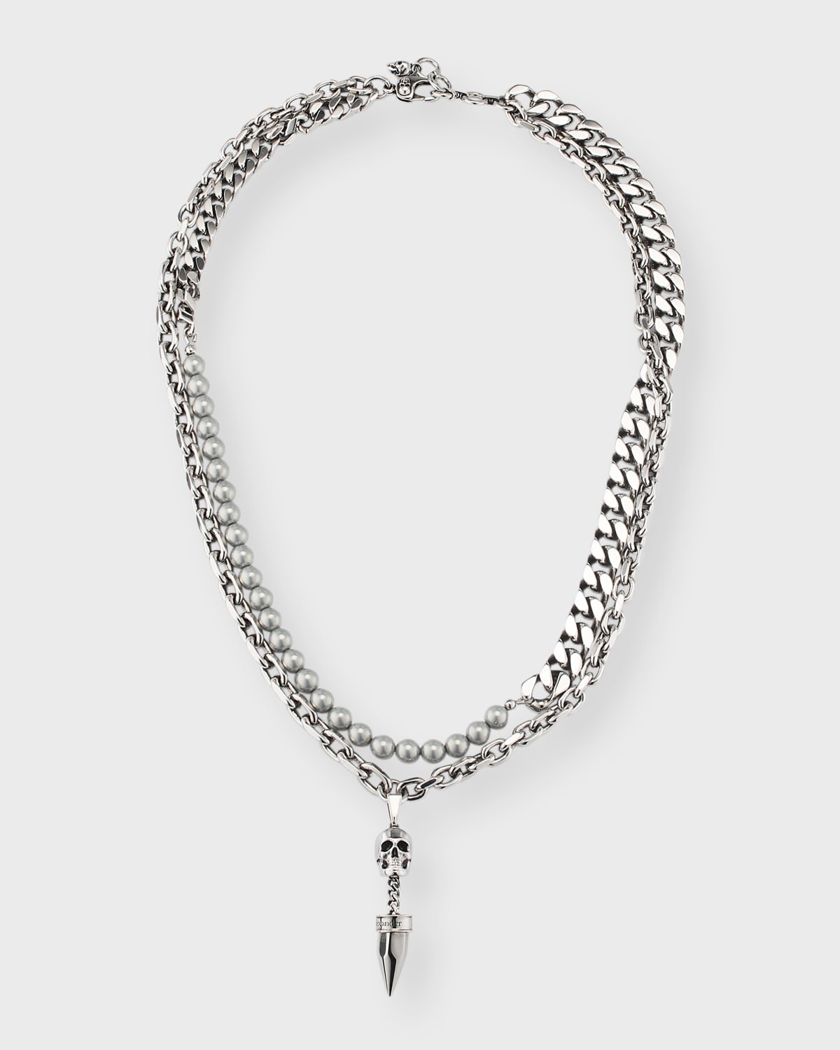 Shop Alexander Mcqueen Men's Faux Pearl And Skull Stud Double-chain Necklace In A.silver Pearl