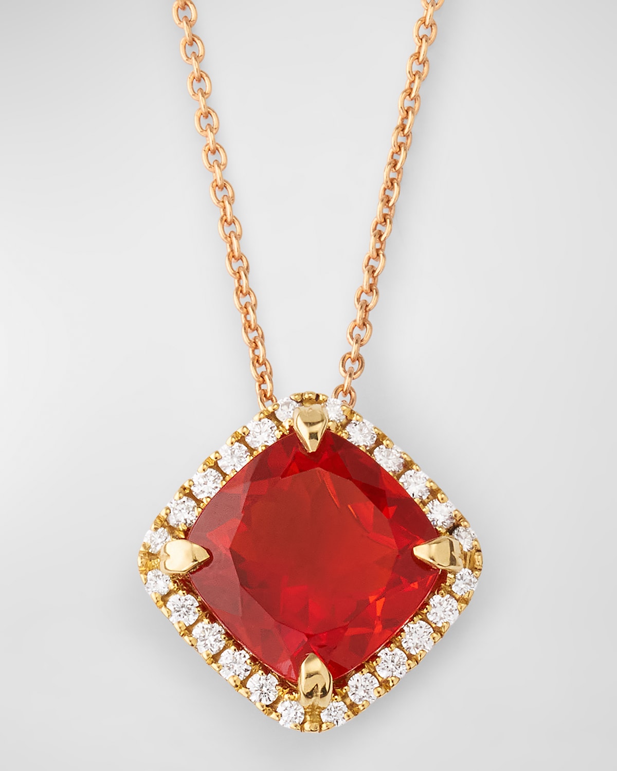 Rocks 18K Rose Gold Petite Cushion Cut Fire Opal and Diamond Halo Pendant Necklace