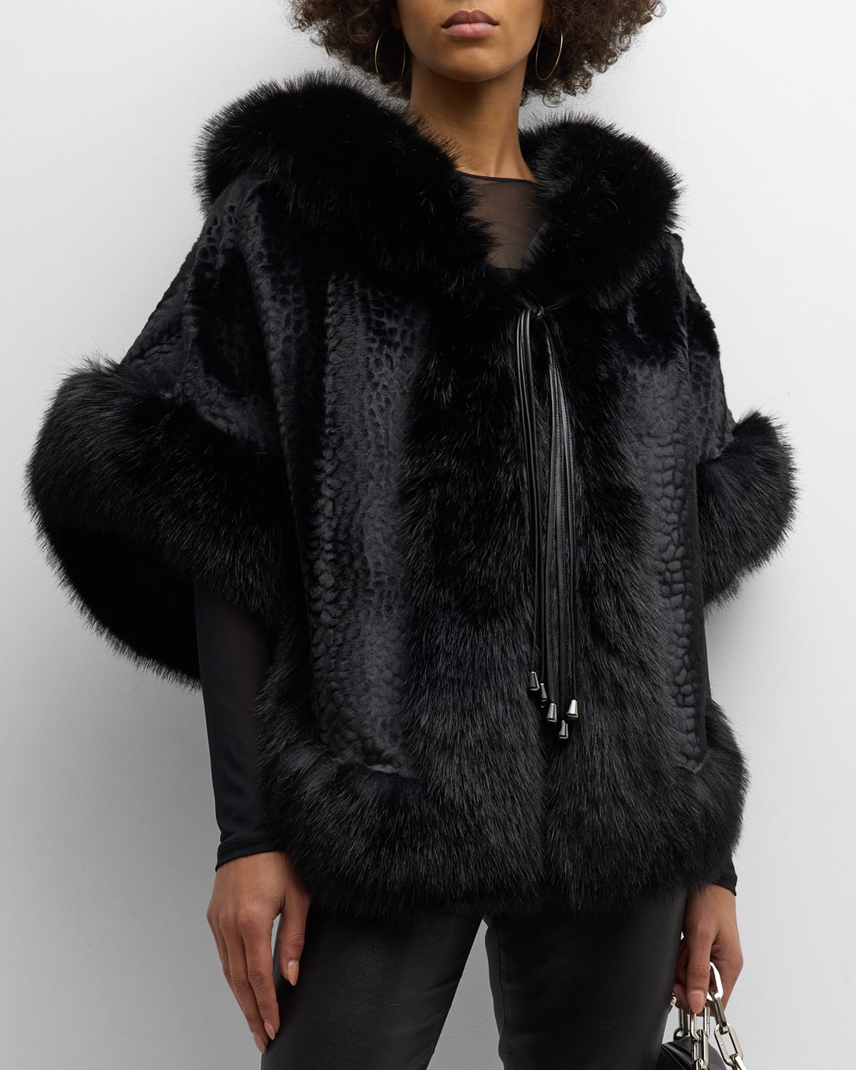 Hooded Faux Fur Poncho with Leather Strings