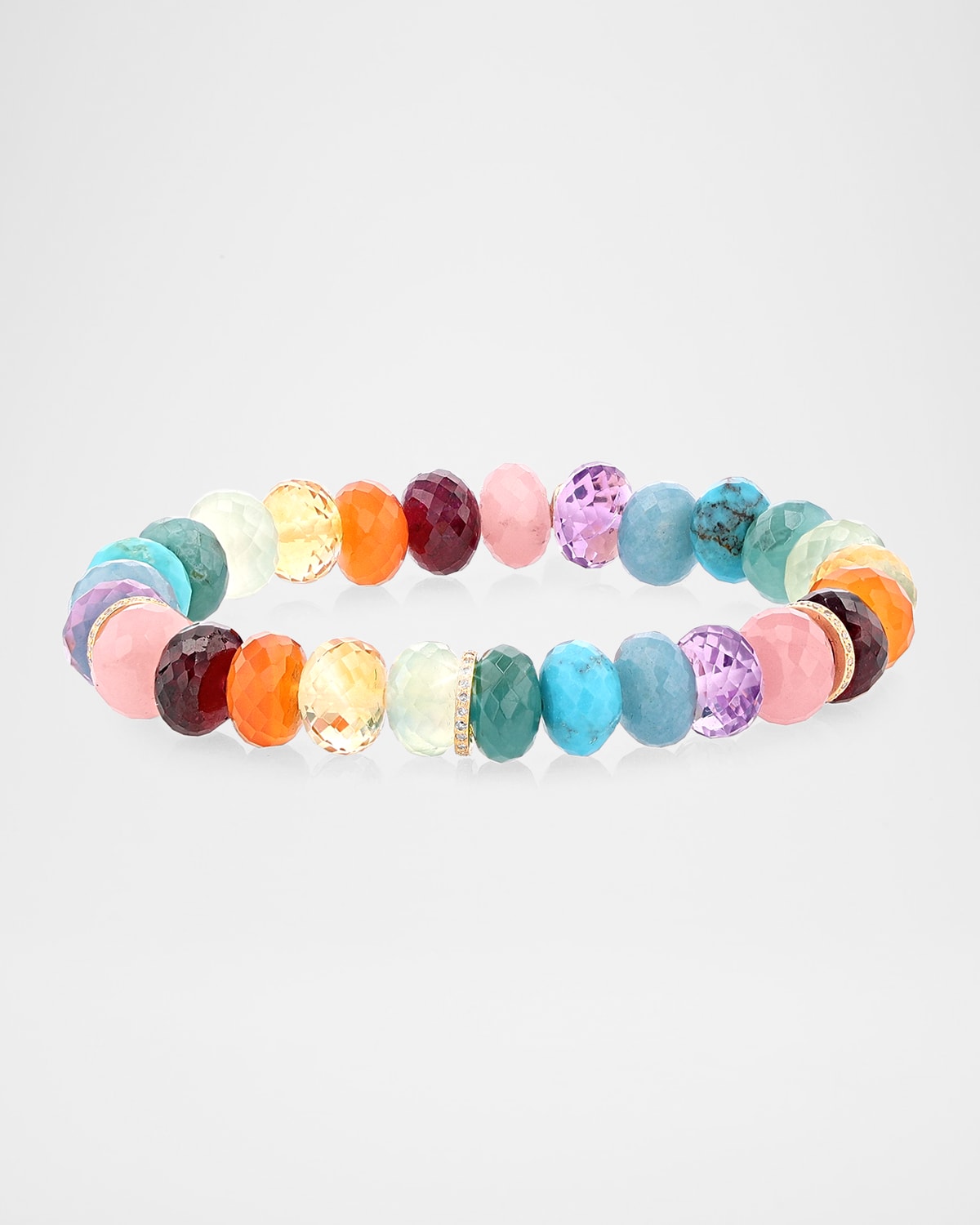 14K Yellow Gold 10mm Multi Rainbow Beaded Bracelet with 3 Pave Diamond Rondelle