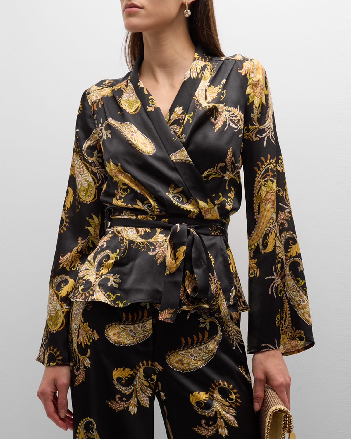 Olive Paisley-Printed Silk Wrap Blouse