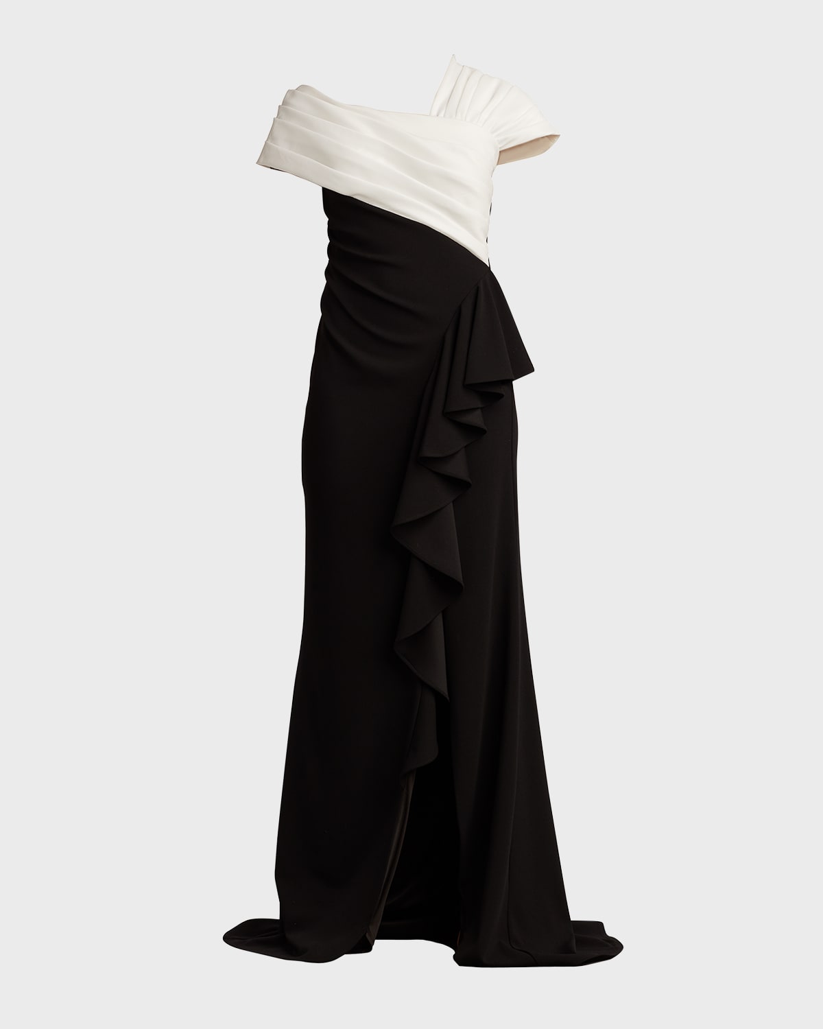 Tadashi Shoji Pleated Two-tone Ruffle Crepe Gown In Ivoryblack
