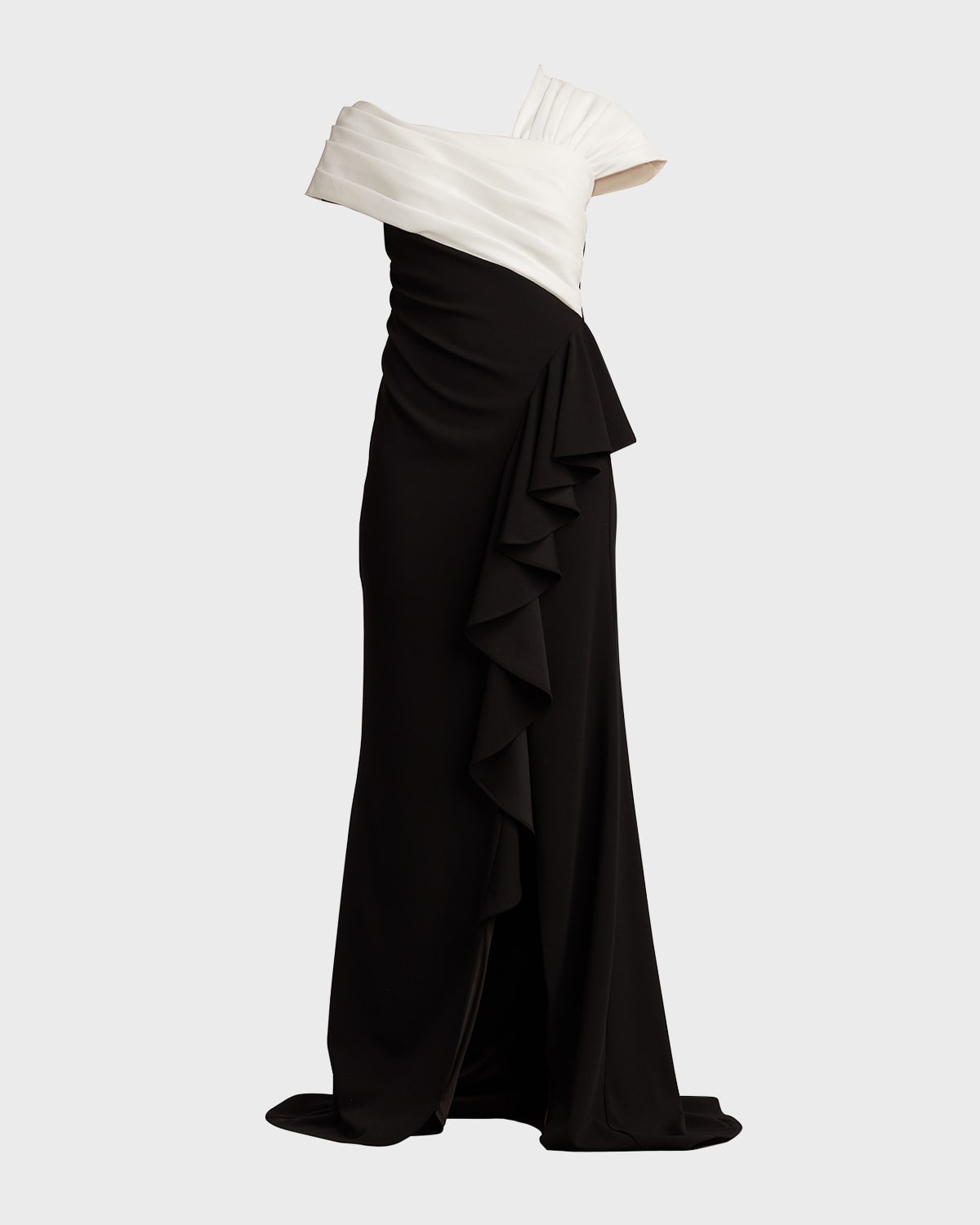 Shop Tadashi Shoji Pleated Two-tone Ruffle Crepe Gown In Ivoryblack