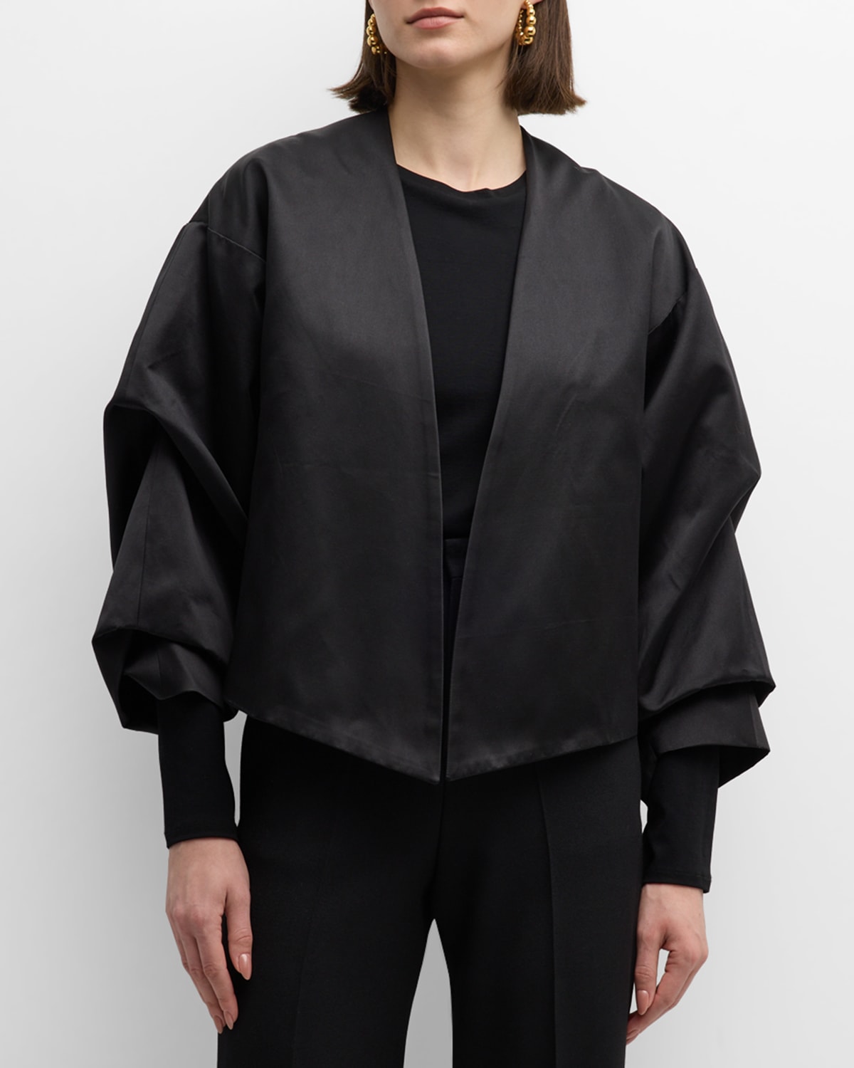 Shop Bite Studios Crinkle-sleeve Satin Collarless Jacket In Black