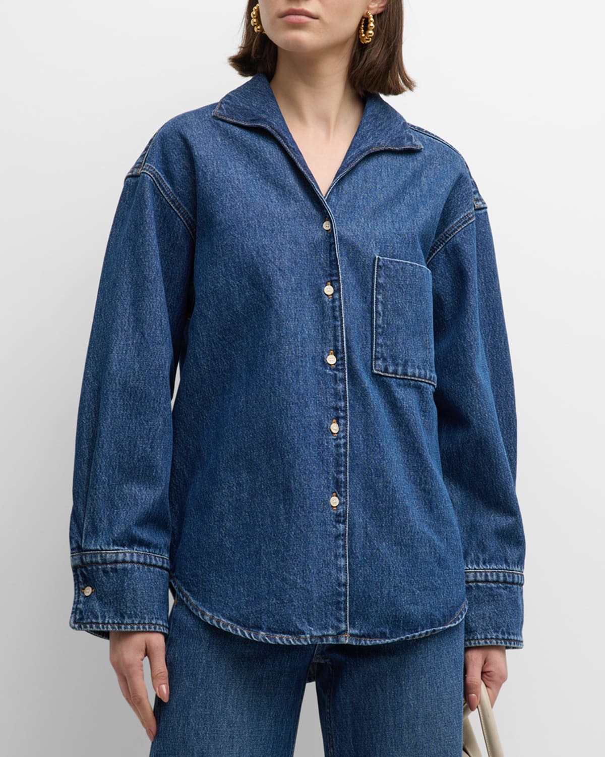 Shop Bite Studios Long-sleeve Collared Denim Shirt In Mid Blue