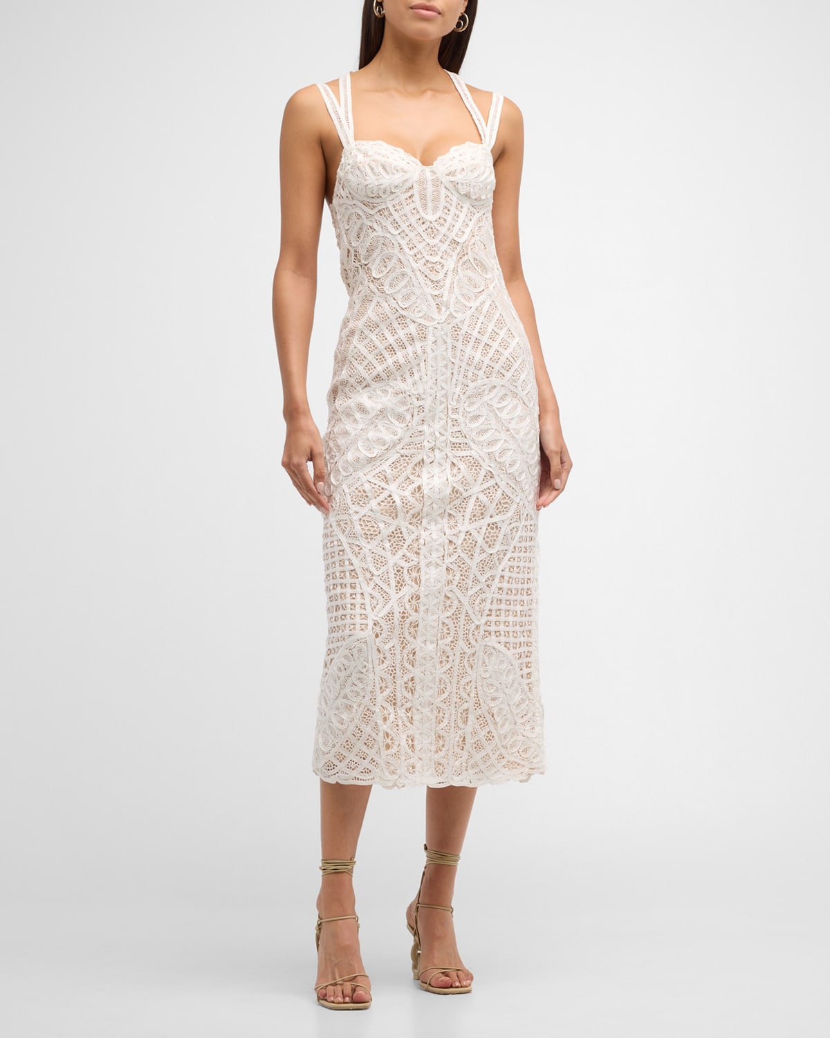 Shop Cult Gaia Louise Geometric Lace Sweetheart Midi Dress In Off White