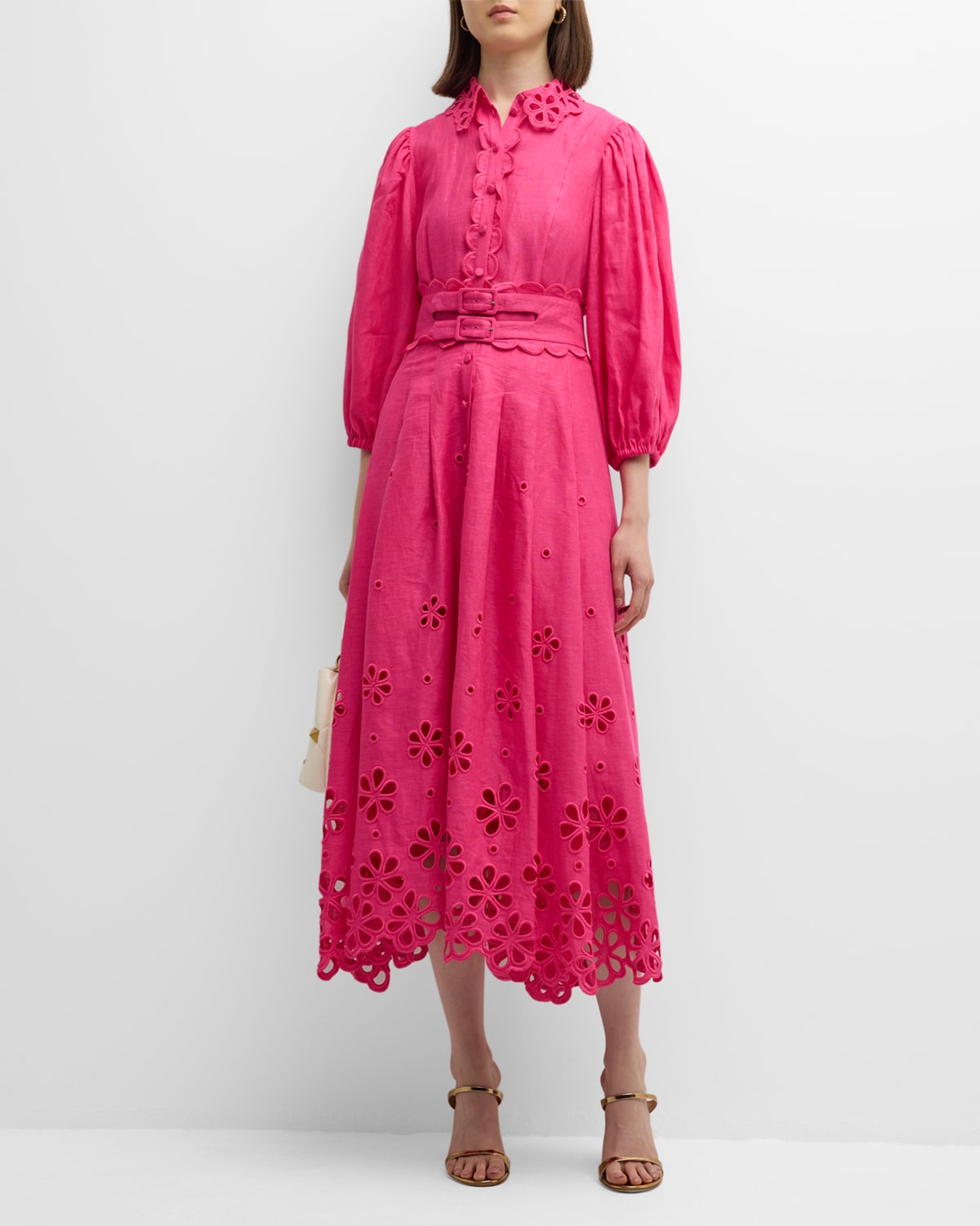 Maison Common Belted Linen Midi Dress With Floral Cutout Detail In Open Pink