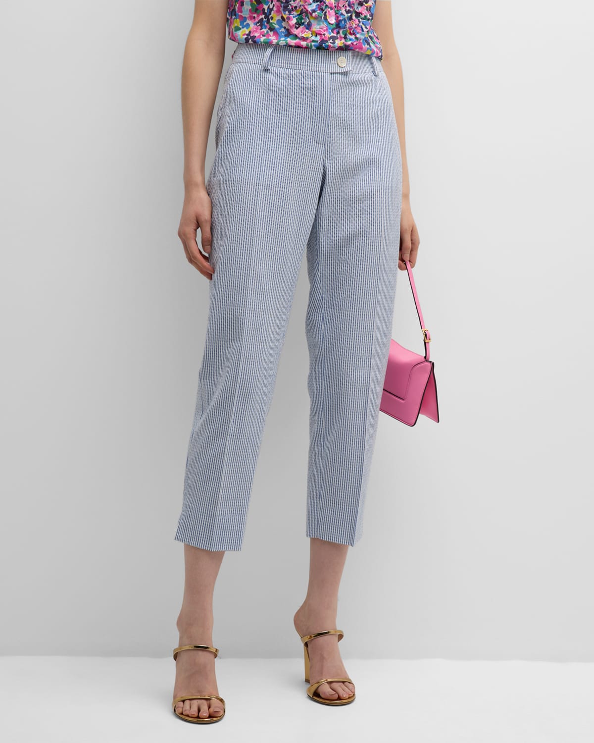 Maison Common Cotton Blend Seersucker Cropped Ankle Trousers In Open Blue