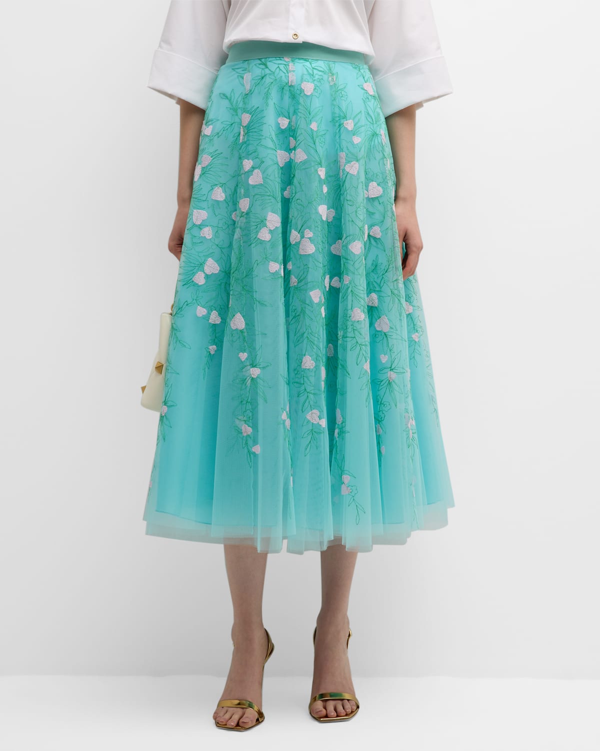 Maison Common Heart Embroidered Tulle Midi Skirt In Turquoise
