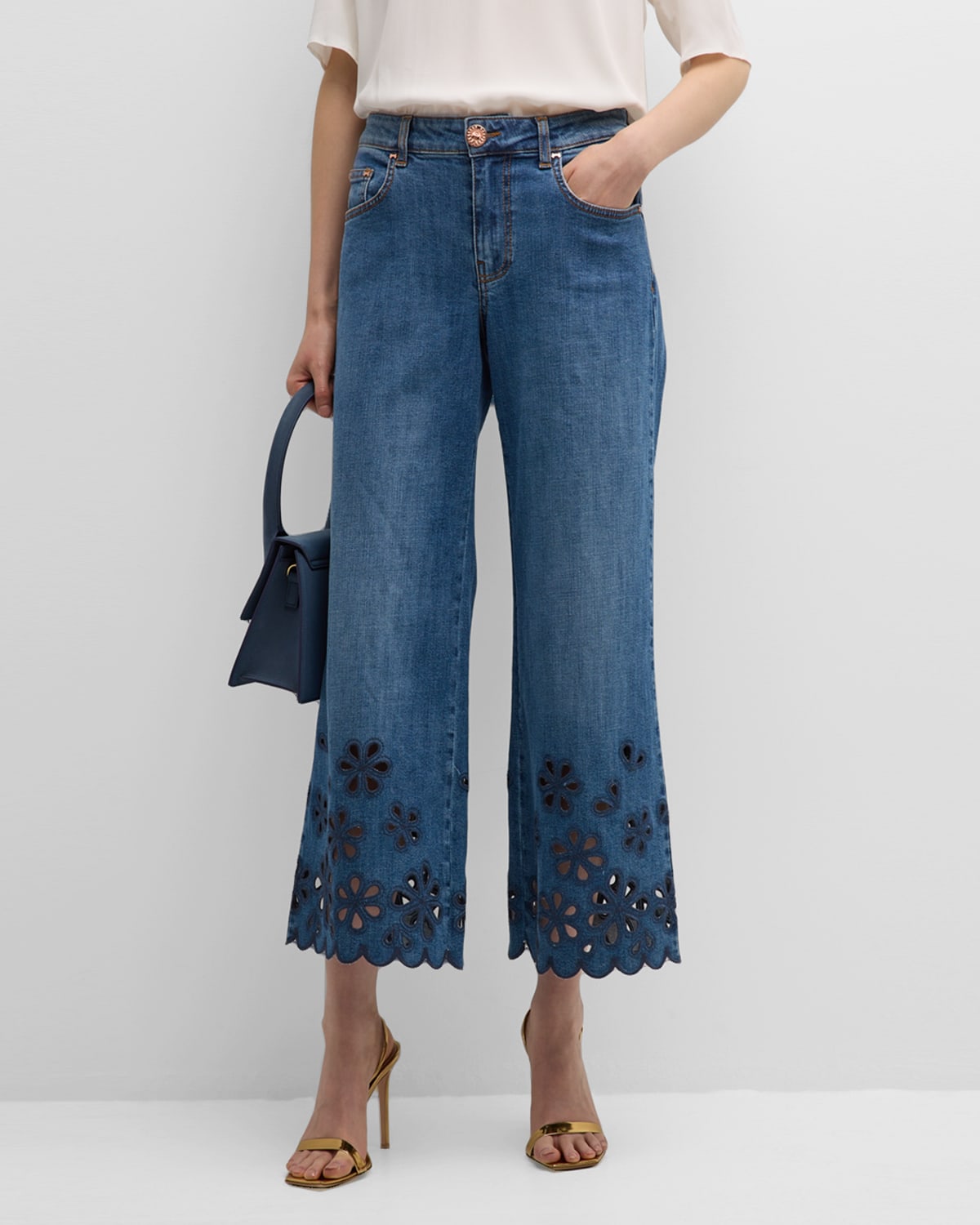 Cropped Wide-Leg Jeans with Floral Cut Out Detail