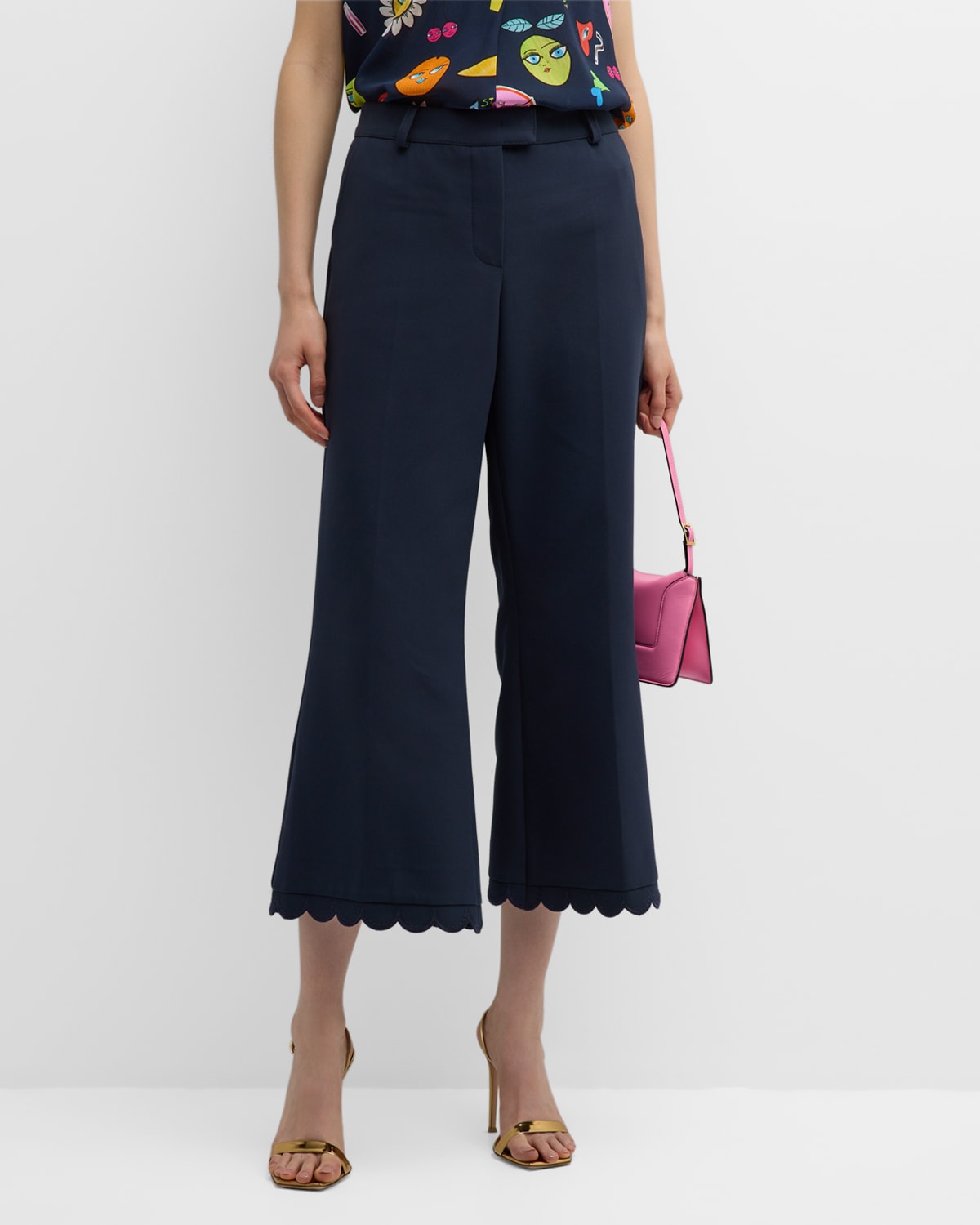 Maison Common Flared Wide-leg Trousers With Scallop Trim In Navy