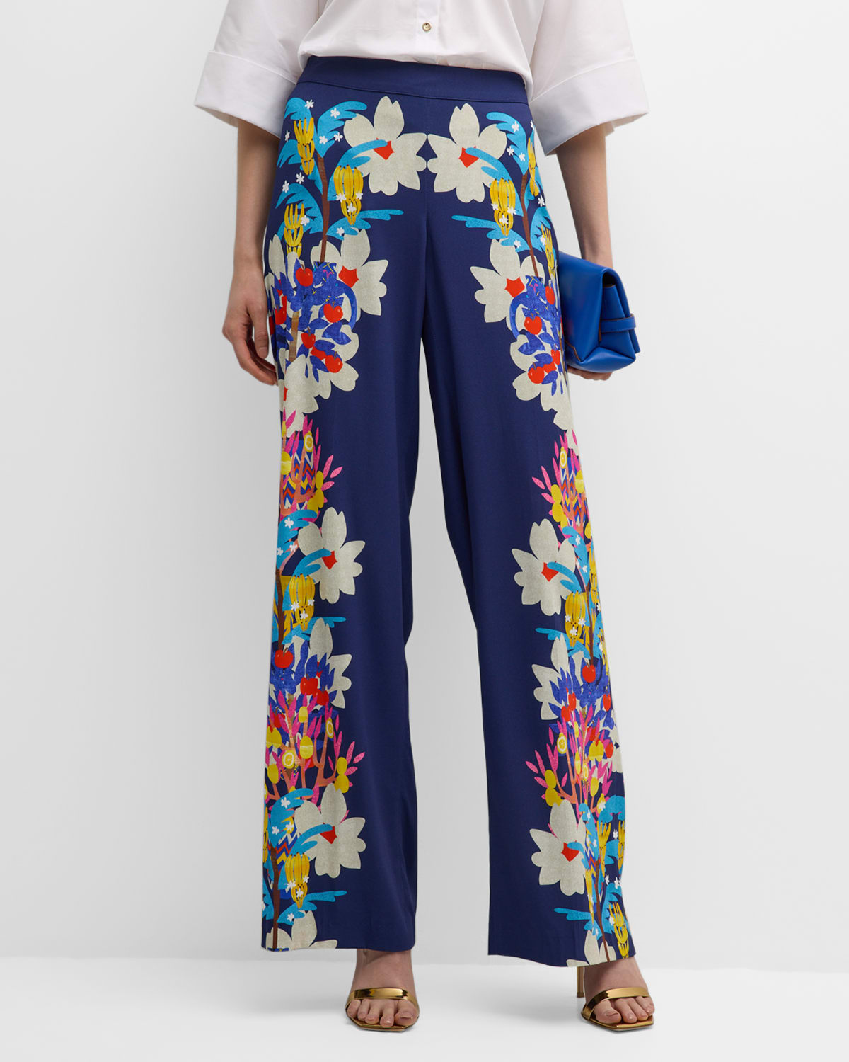 Maison Common Floral Printed Wide-leg Pants In Mid Blue