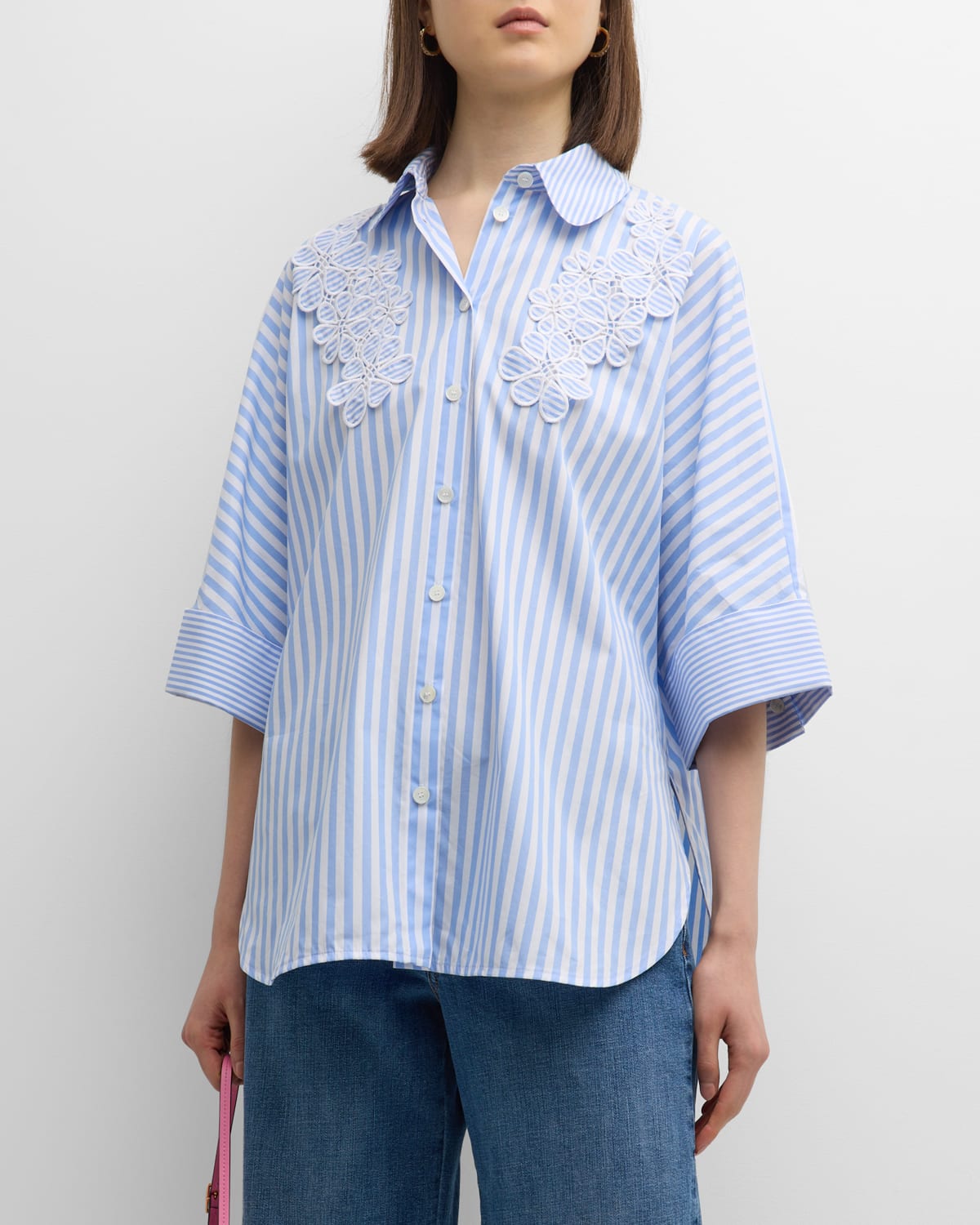 Maison Common Flower-applique 3/4-sleeve Striped Cotton Collared Shirt In Open Blue