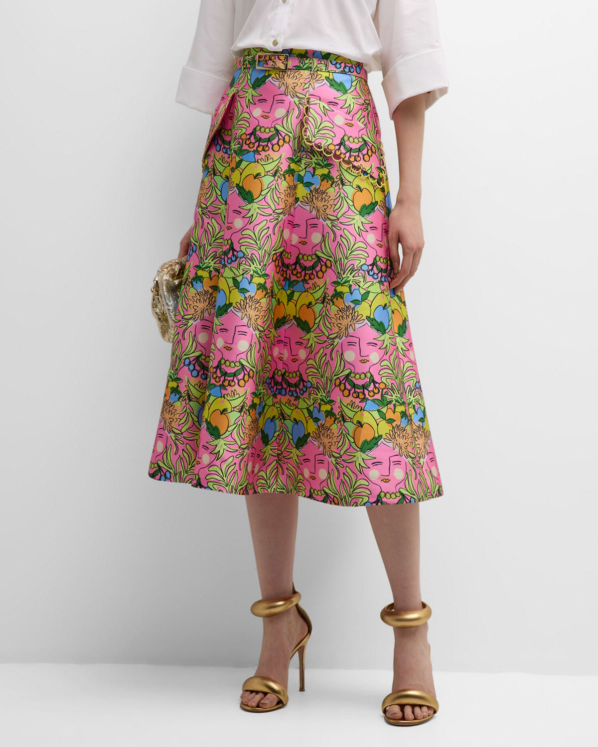Face-Print Belted Midi A-Line Skirt